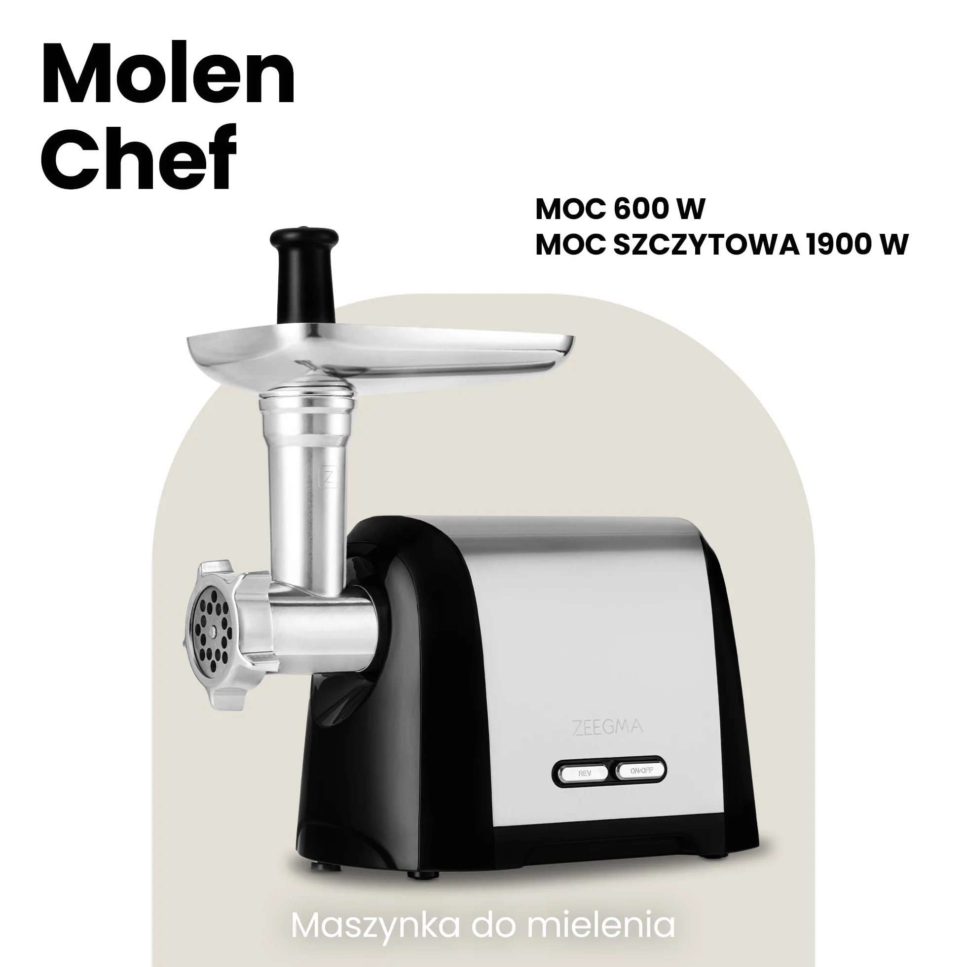 ZEEGMA Molen Chef maszynka do mielenia mięsa, moc 1900W, metalowa taca i obudowa, wydajność 1,8kg/min, 3 dyski, nakładka kebbe, szatkownica warzyw, pojemnik na akcesoria, trzy bębny tnące (Srebrny)