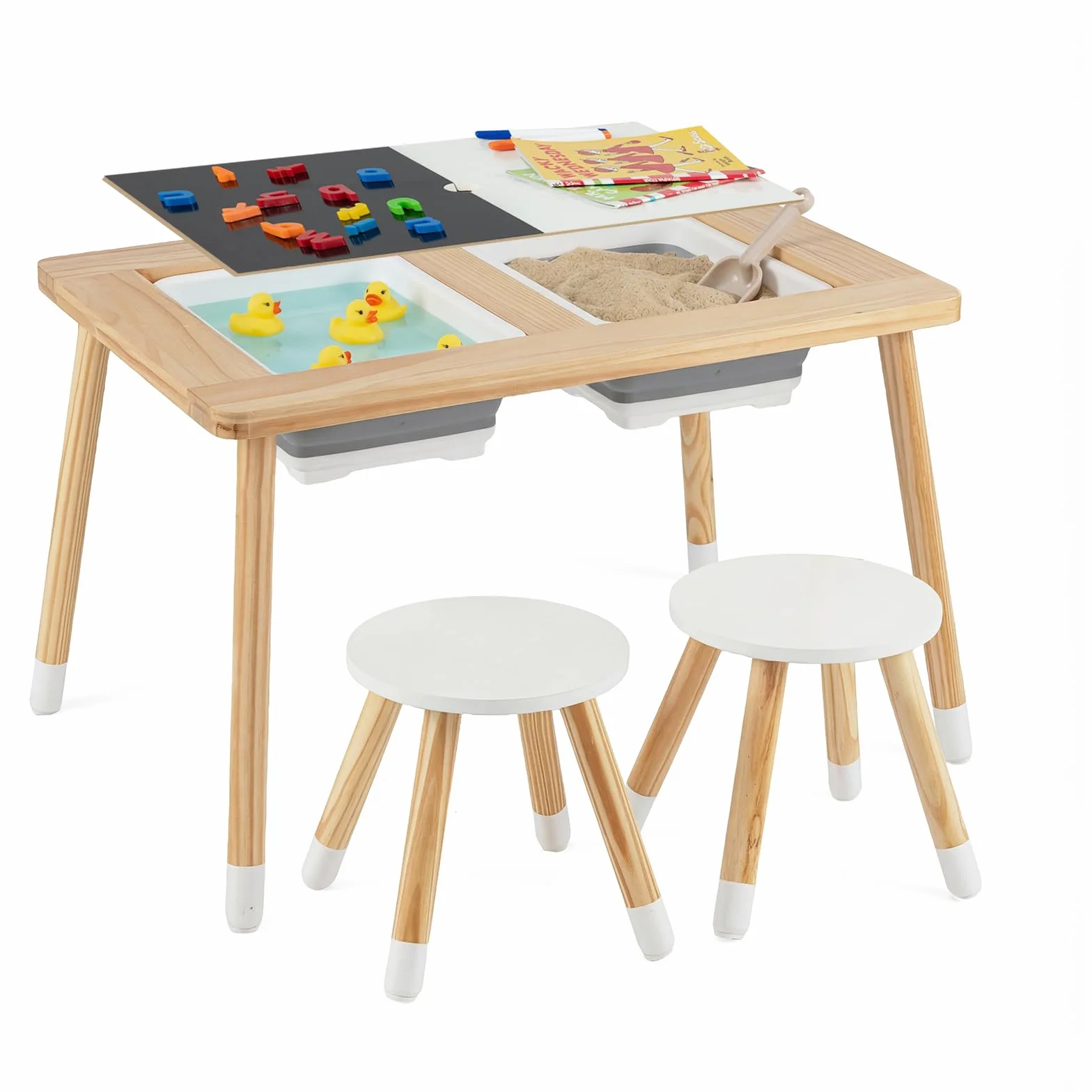 COSTWAY Stół do zabawy dla dzieci 6 w 1, stół sensoryczny z dwustronnym blatem i 2 składanymi pojemnikami, stół dziecięcy Montessori z 2 krzesłami, stół do wody i piasku dla dzieci od 3 lat (okrągły)