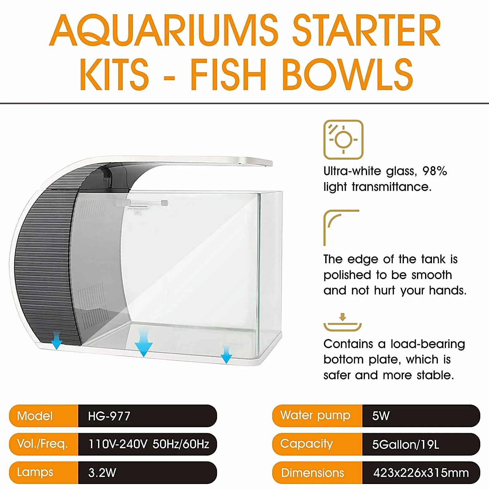 hygger Zestaw szklanych akwariów LED Fish Tank19 litrów, akwarium panoramiczne, zakrzywiona przednia szyba z ukrytym filtrem, oświetlenie LED (3 tryby kolorów do wyboru)