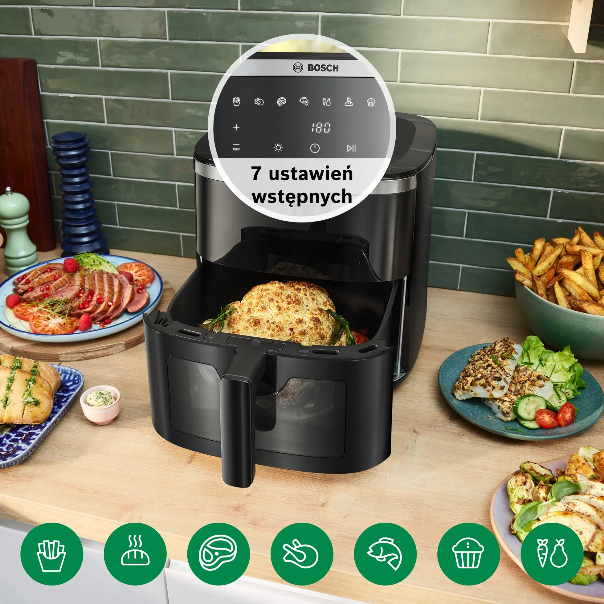 Bosch Air Fryer Serie 6, MAF671B0, pojemność XXL 7,2 l, 7 programów, podświetlane okienko, do 65% szybsze gotowanie, czarny