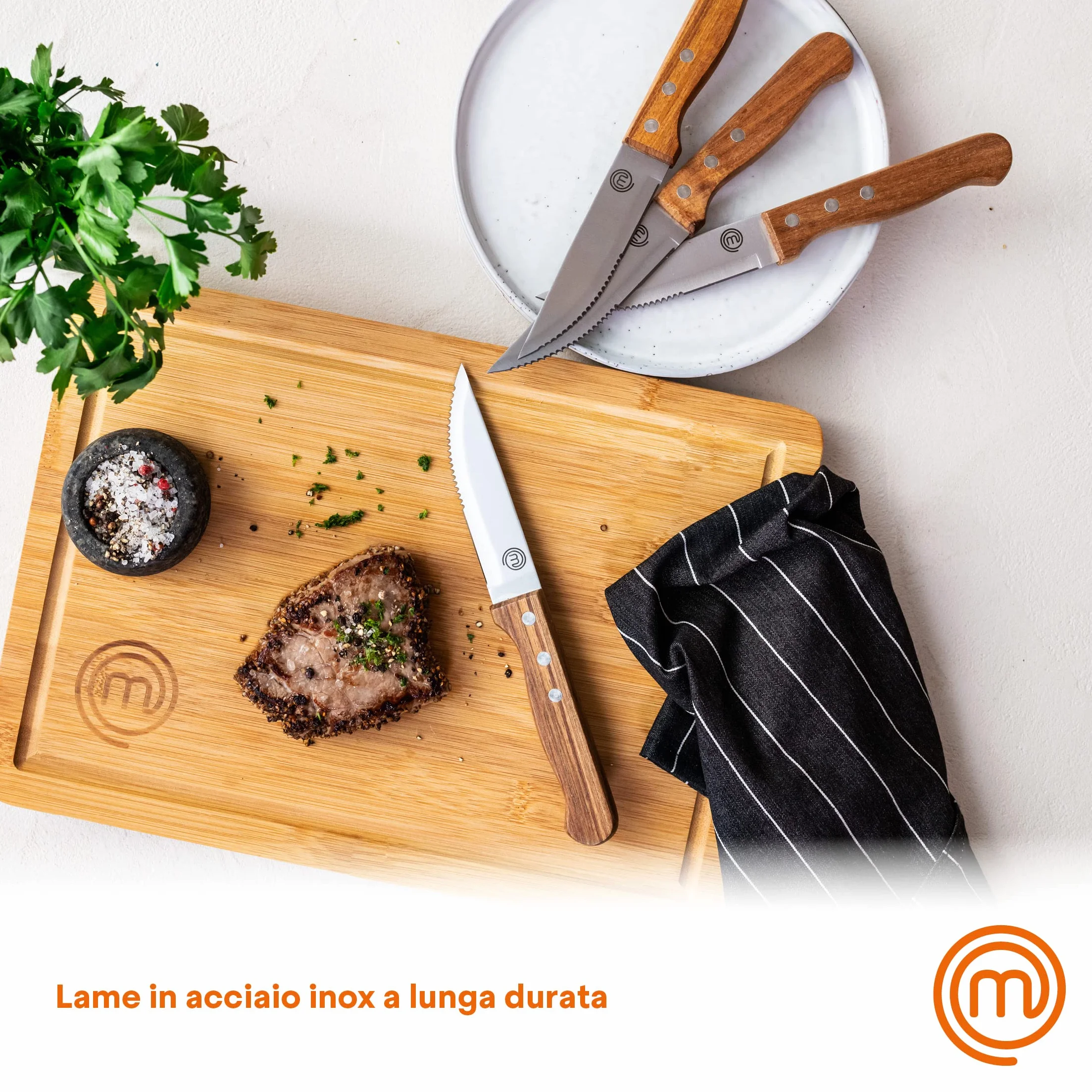 MasterChef Zestaw noży do steków 4-częściowy, Rozmiar L, Stal nierdzewna, Nitowane uchwyty z drewna akacjowego, Długość: 12,5cm