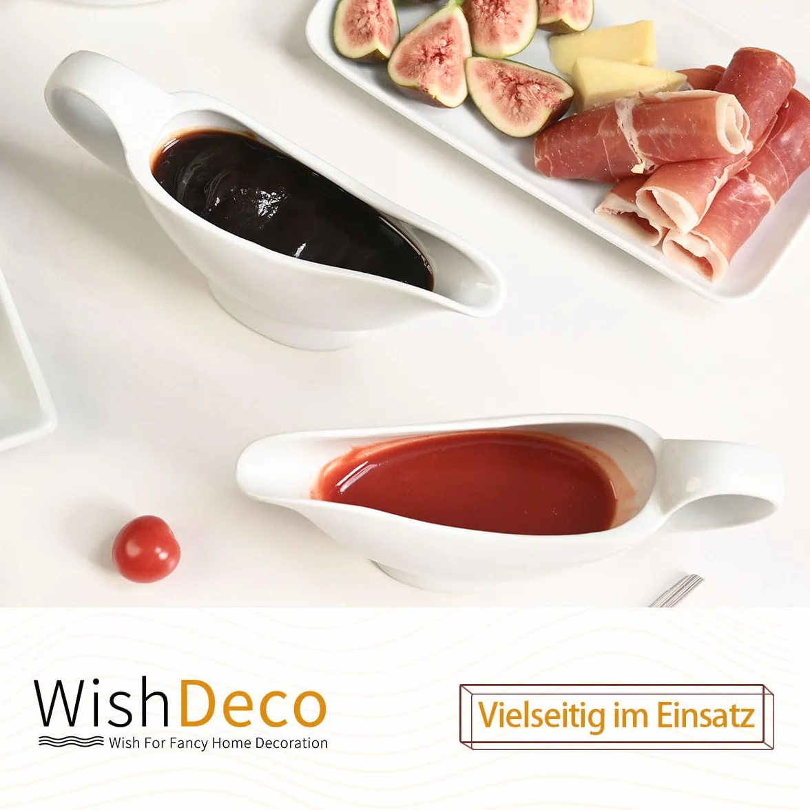 WishDeco Ceramiczna sosjerka, porcelana, sosjerka z dzióbkiem do ust, sosów, sałatek, dzbanków do śmietany, bulion mleczny, czarny pieprz, biały, 20 ml