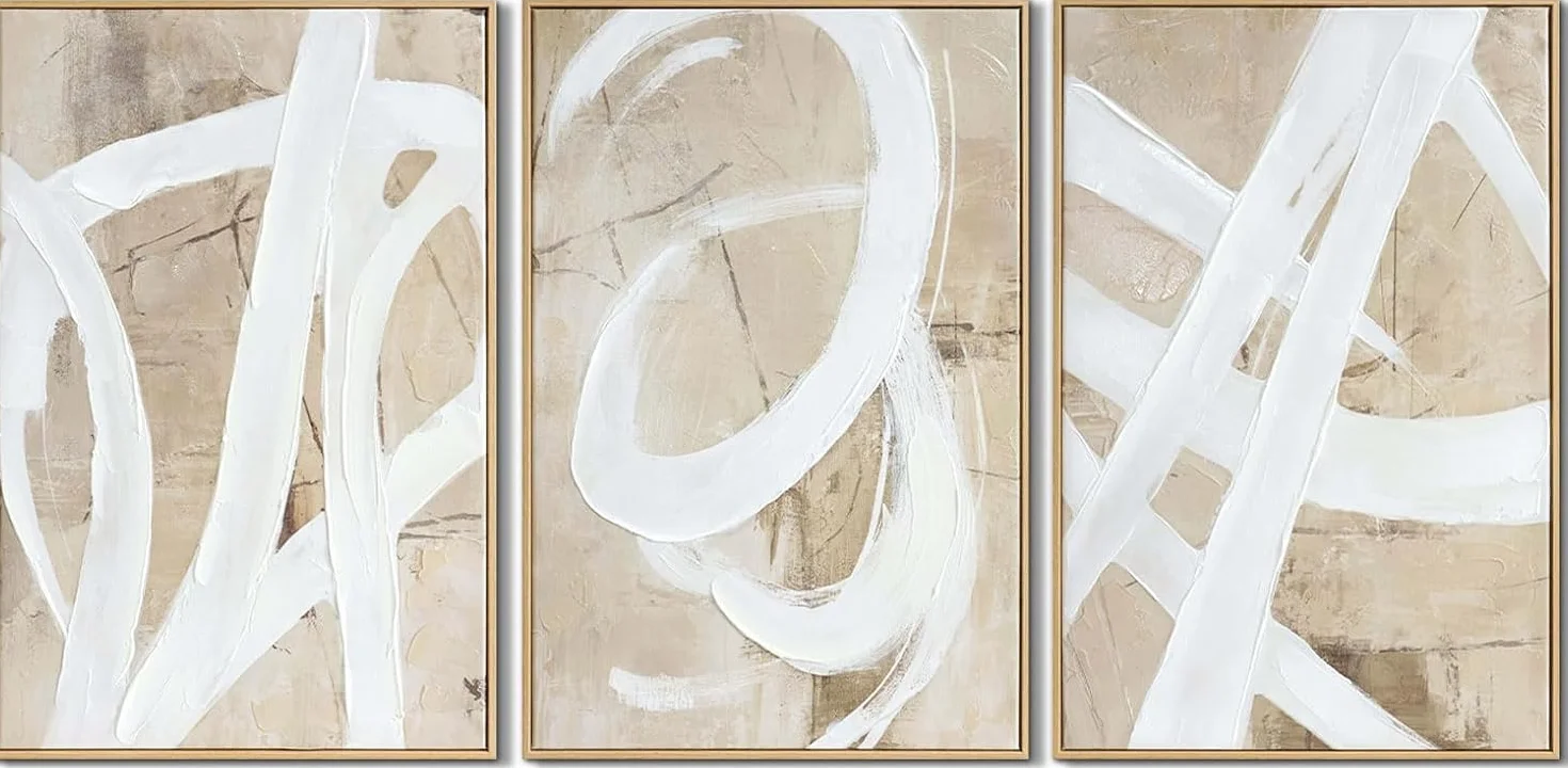 lianyibo Neutralna abstrakcyjna sztuka ścienna minimalistyczna biała brązowa pastelowa farba pociągnięcia kształty plakaty wydruki salon sypialnia dekoracja (50 x 75 cm x 3/rama wewnętrzna)