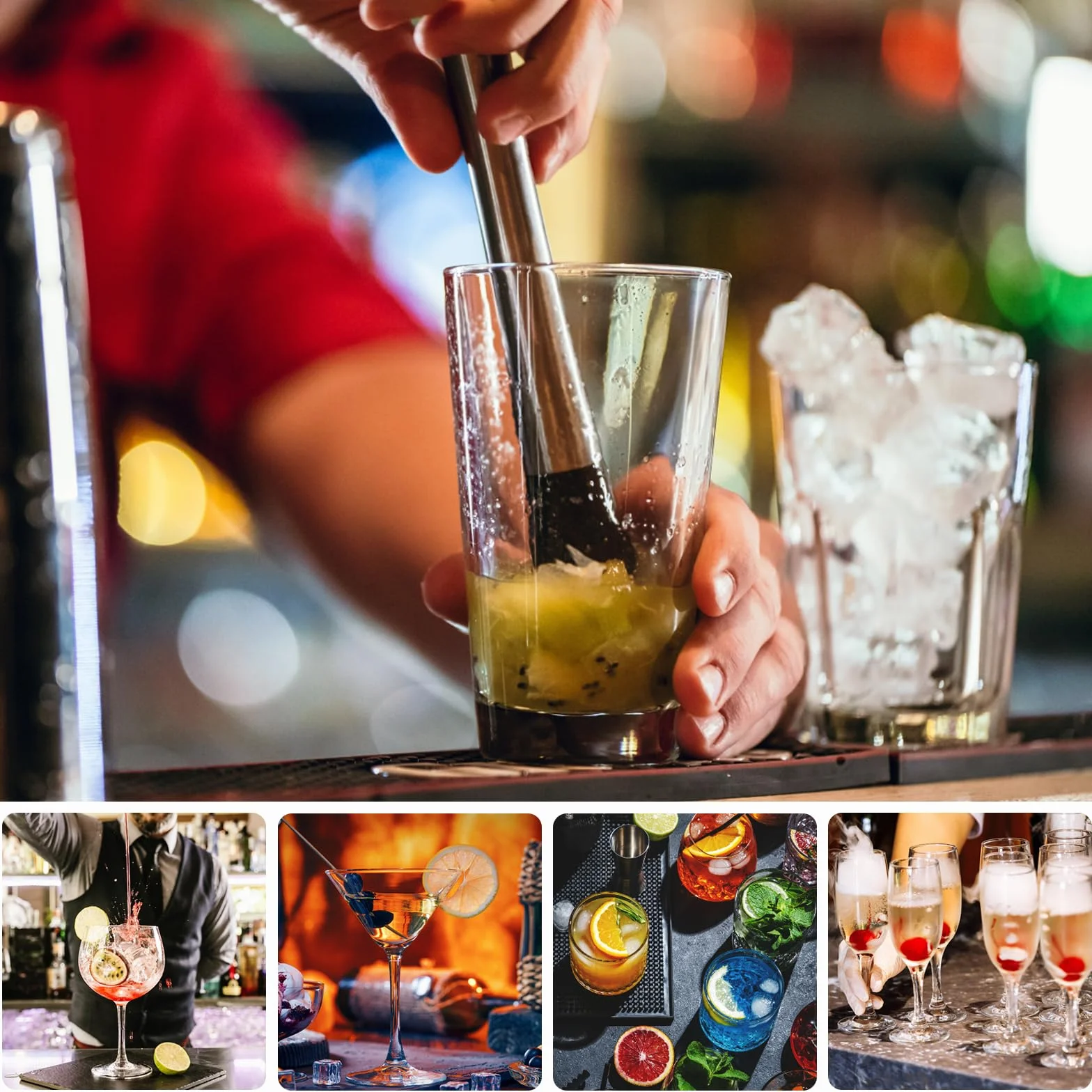 Tłuczki do koktajli z stali nierdzewnej, łyżeczka koktajlowa, ubijak Mojito, kruszarka do lodu, shaker z miarką, akcesoria barowe