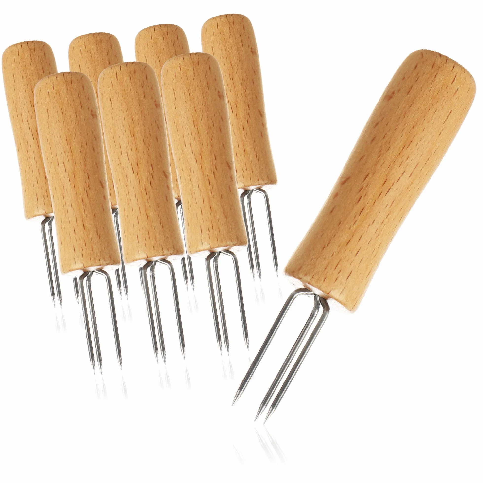 COM-FOUR® 8x widelec do kukurydzy z 3 zebami ze stali nierdzewnej, nierdzewny - szaszlyki kukurydziane wielokrotnego uzytku - pomoc w obieraniu ziemniaków w mundurkach (08 sztuk - drewno)