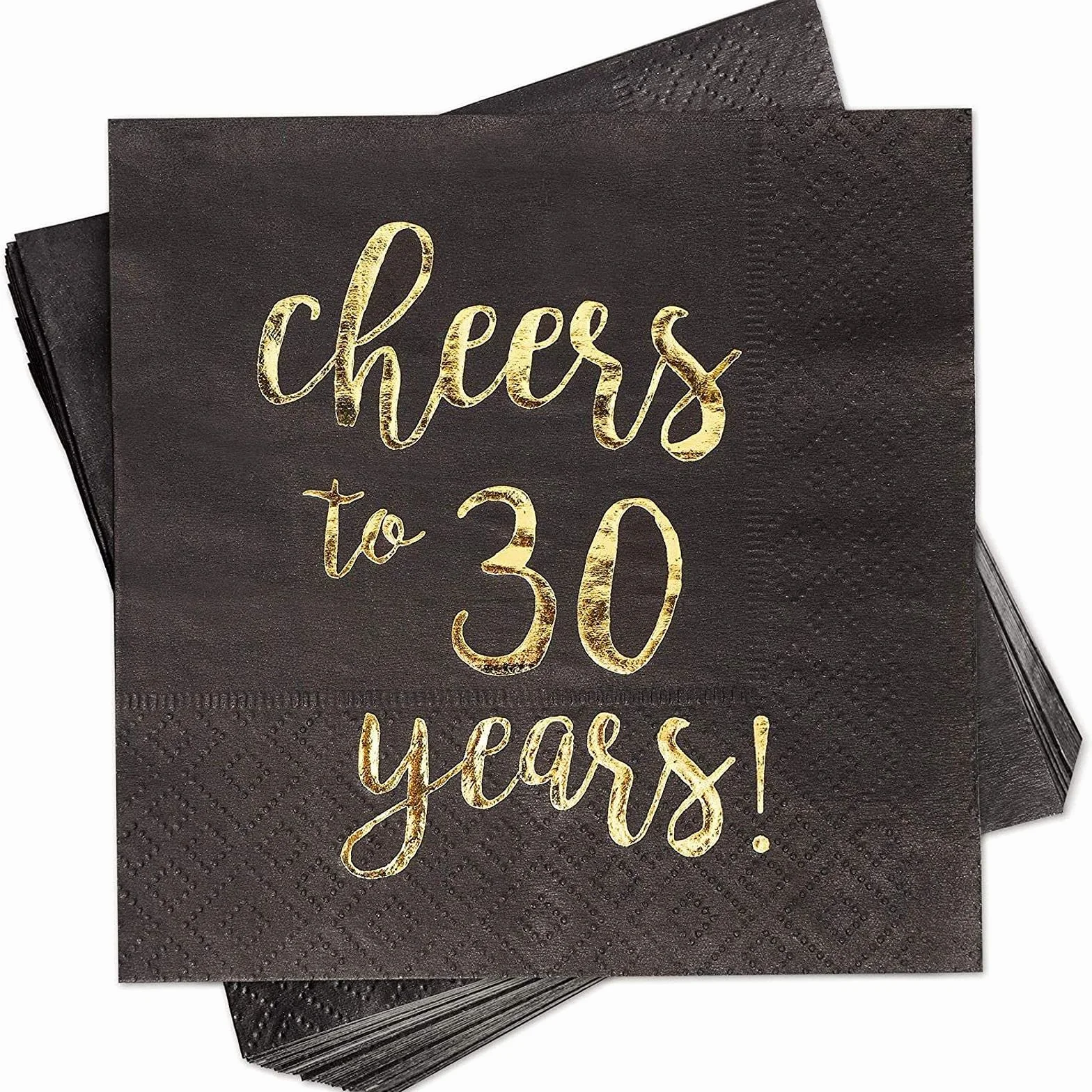 Zestaw 50 serwetek Cheers to 30 lat, 3-warstwowe papierowe serwetki, dekoracje na 30. urodziny dla mężczyzn i kobiet, impreza rocznicowa, czarno-złote, 25 x 25 cm