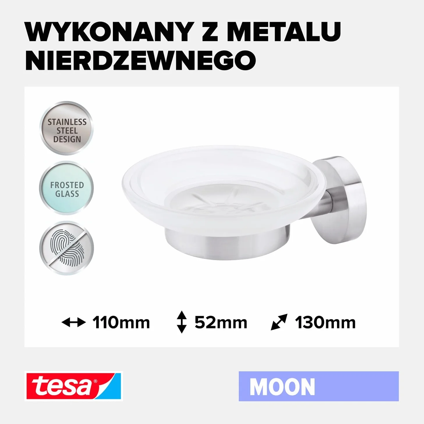 Mydelniczka tesa Moon, design stali nierdzewnej, samoprzylepna, wymiary 155 mm x 70 mm x 110 mm