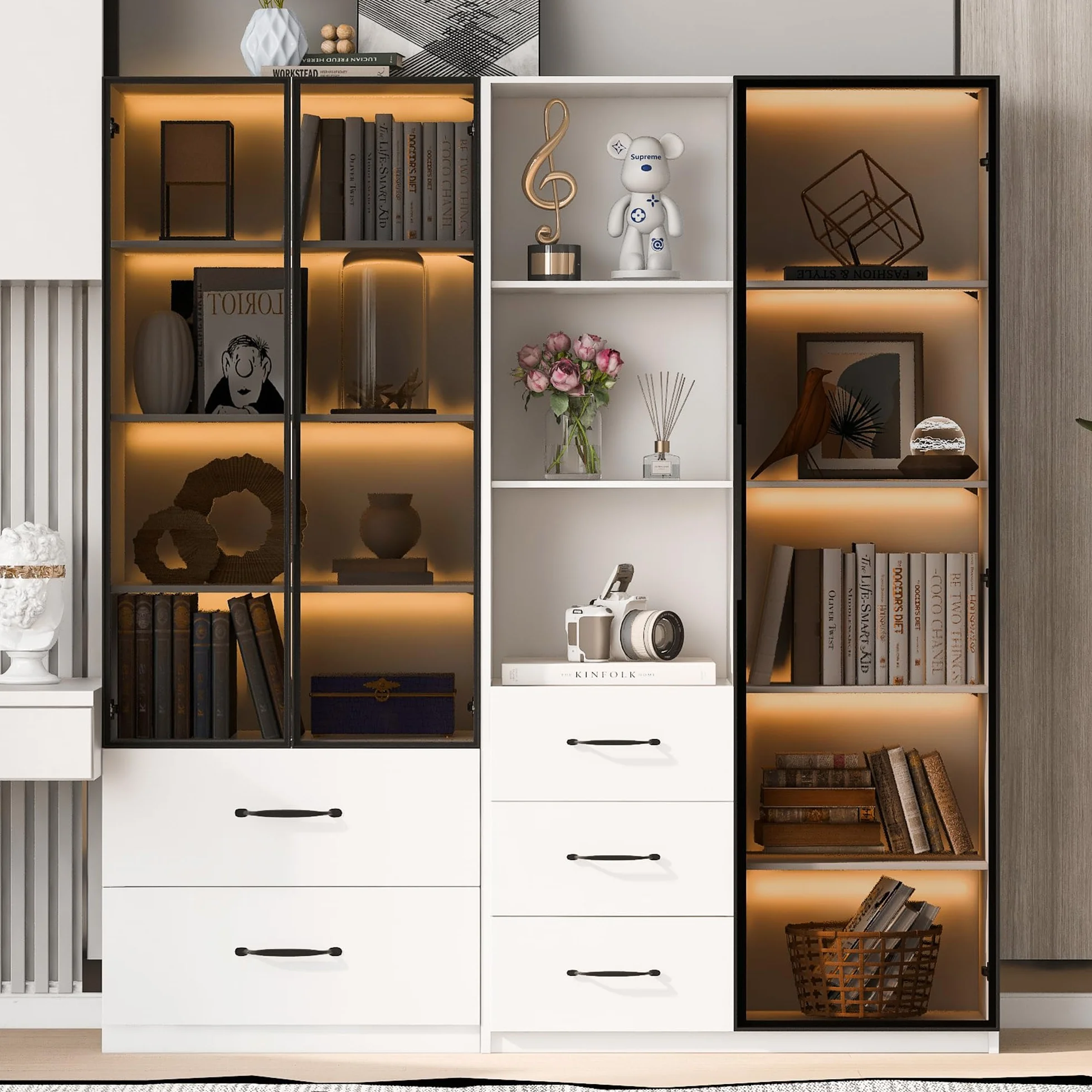 Witryna LED 140 x 40 x 160 cm – regał na książki i szafka wielofunkcyjna ze szklanymi i otwartymi przegródkami, delikatnie zamykające się zawiasy, wielokolorowe oświetlenie LED, pyłoszczelna szklana