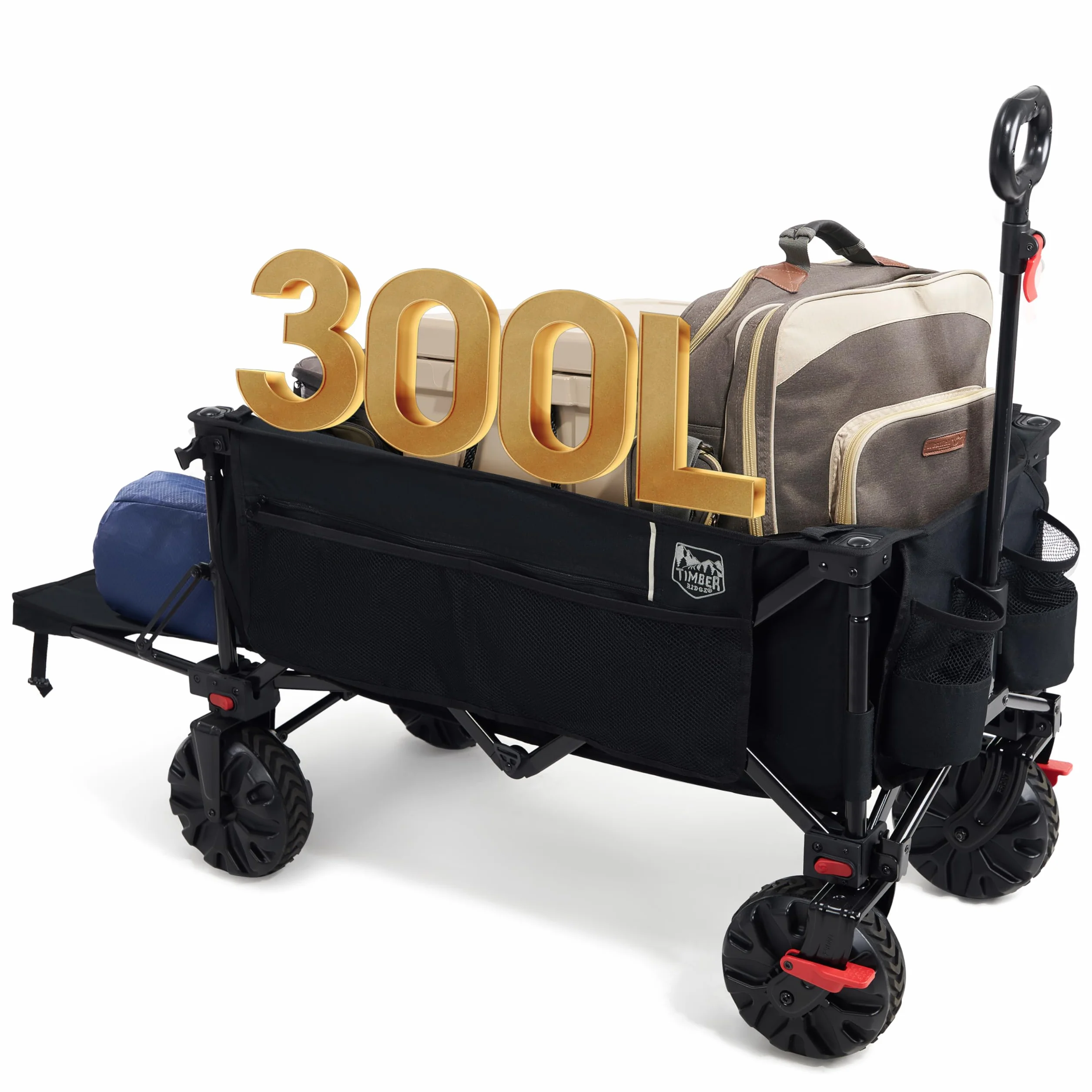 TIMBER RIDGE Wózek festiwalowy, 300 l, z hamulcami, składany wózek plażowy z tylną klapą, składany wózek 135 kg, zdejmowane szerokie koła i regulowany uchwyt, do użytku na zewnątrz, na kemping, do