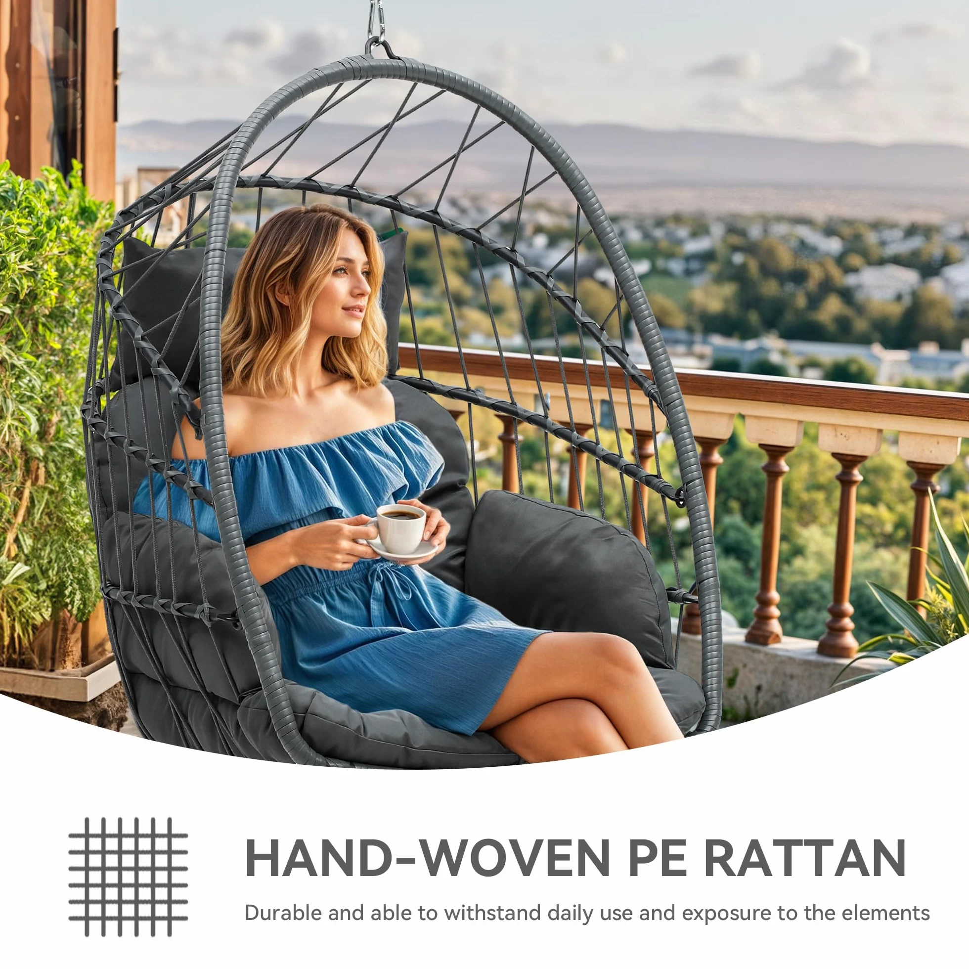 YITAHOME Wiszące Krzesło Do Jajek z 2 Poduszkami - Maksymalne Obciążenie 150 kg, 105 x 74 x 72 cm, Żelazna Stabilna Rama Stalowa, z Łańcuszkiem i Haczykiem