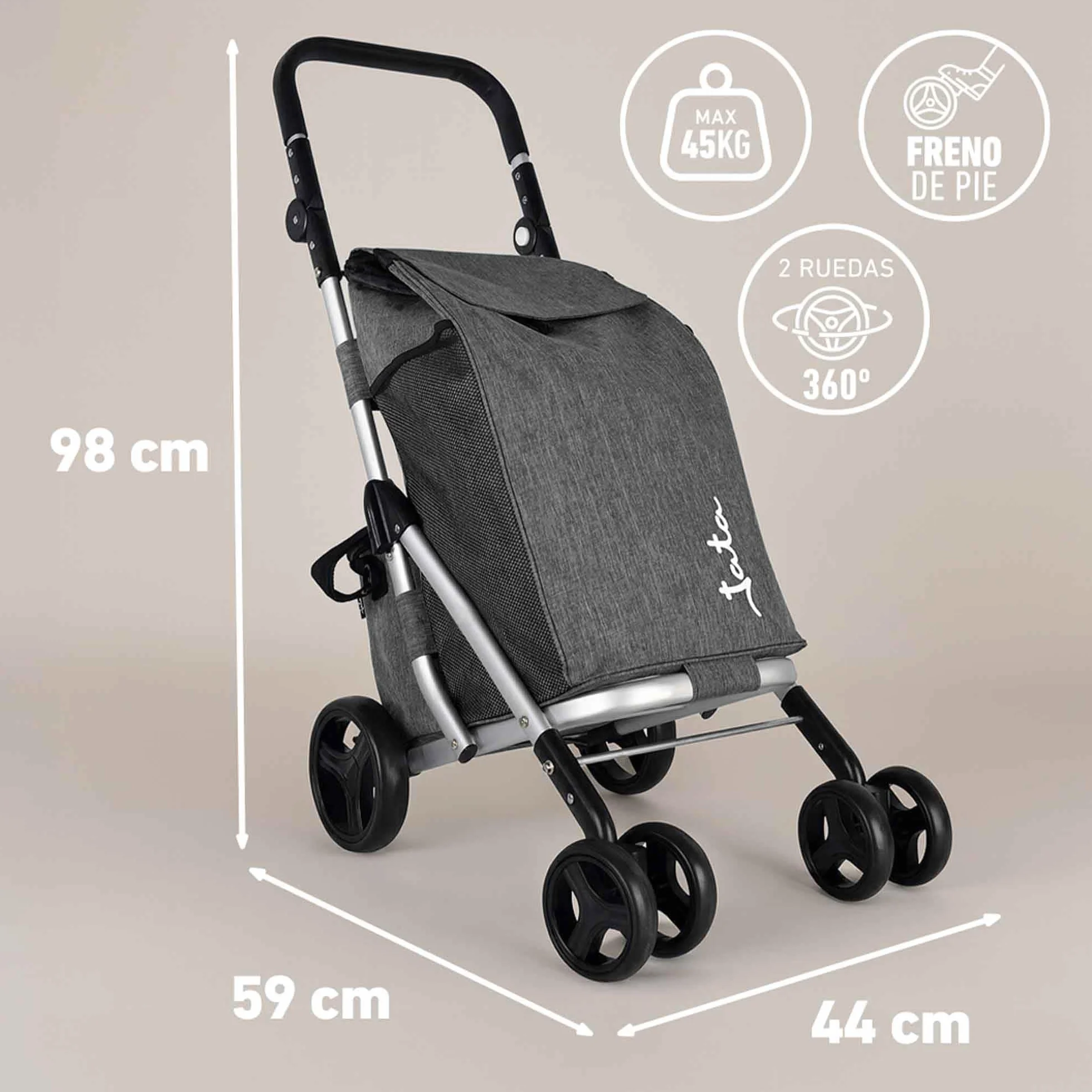 JATA HCAR2502 wózek na zakupy 4 kółka 40 l z torbą chłodzącą do mrożonek, 2 kółka obrotowe o 360°, składany wózek z hamulcem, aluminiowe podwozie