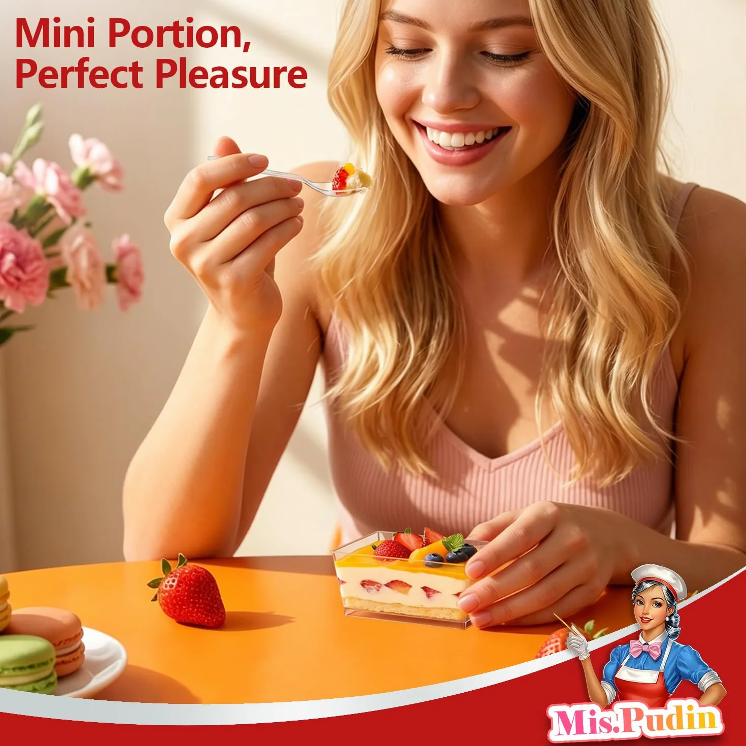 50 sztuk mini kubeczków deserowych, 160 ml prostokątne szklanki deserowe z pokrywką i łyżeczką, szklanki deserowe plastikowe wielokrotnego użytku, puddingów, musów, na przyjęcia