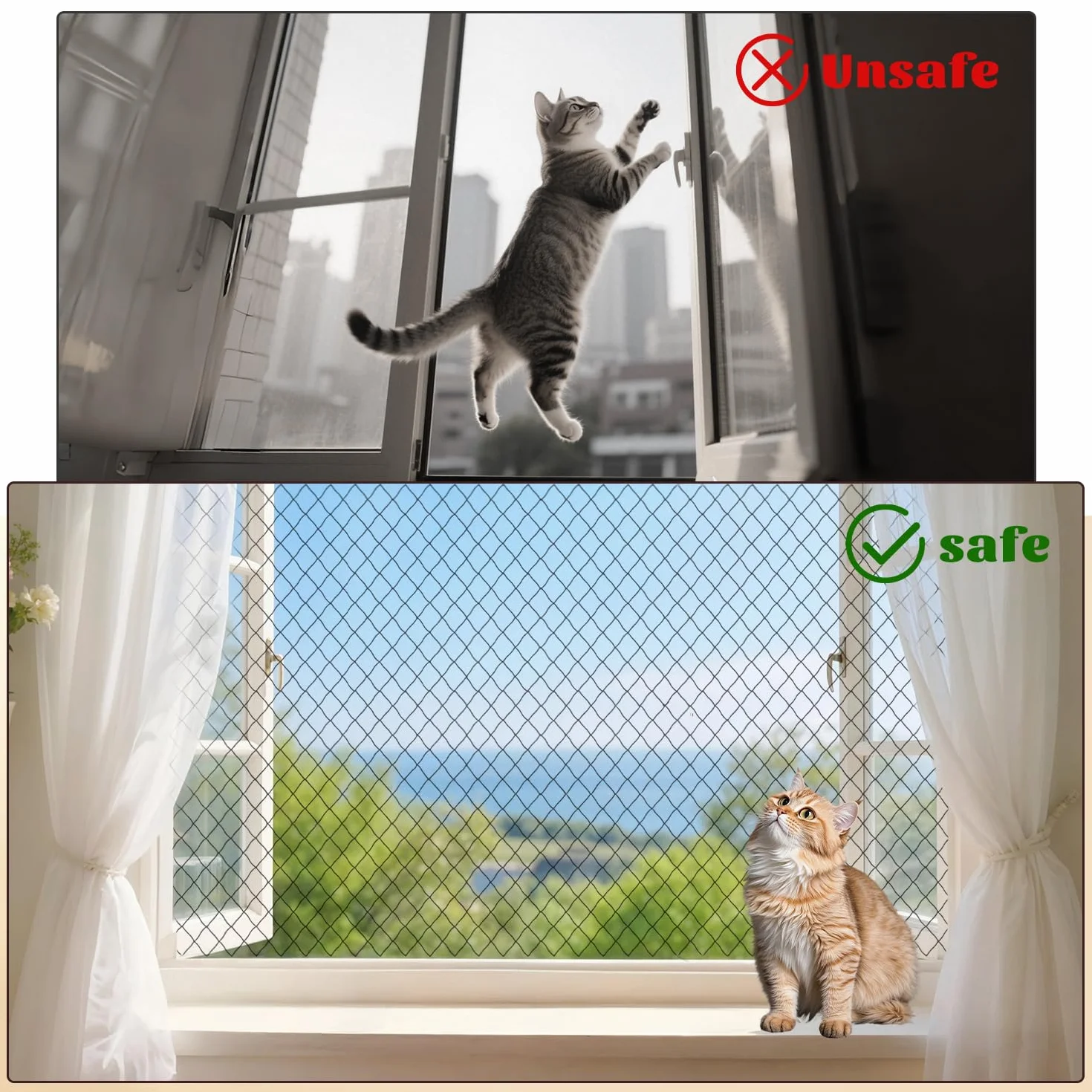 Siatka dla kota na balkon, 6 x 3 m, wytrzymała siatka nylonowa, zabezpieczenie tarasu, okien i drzwi, z zestawem montażowym