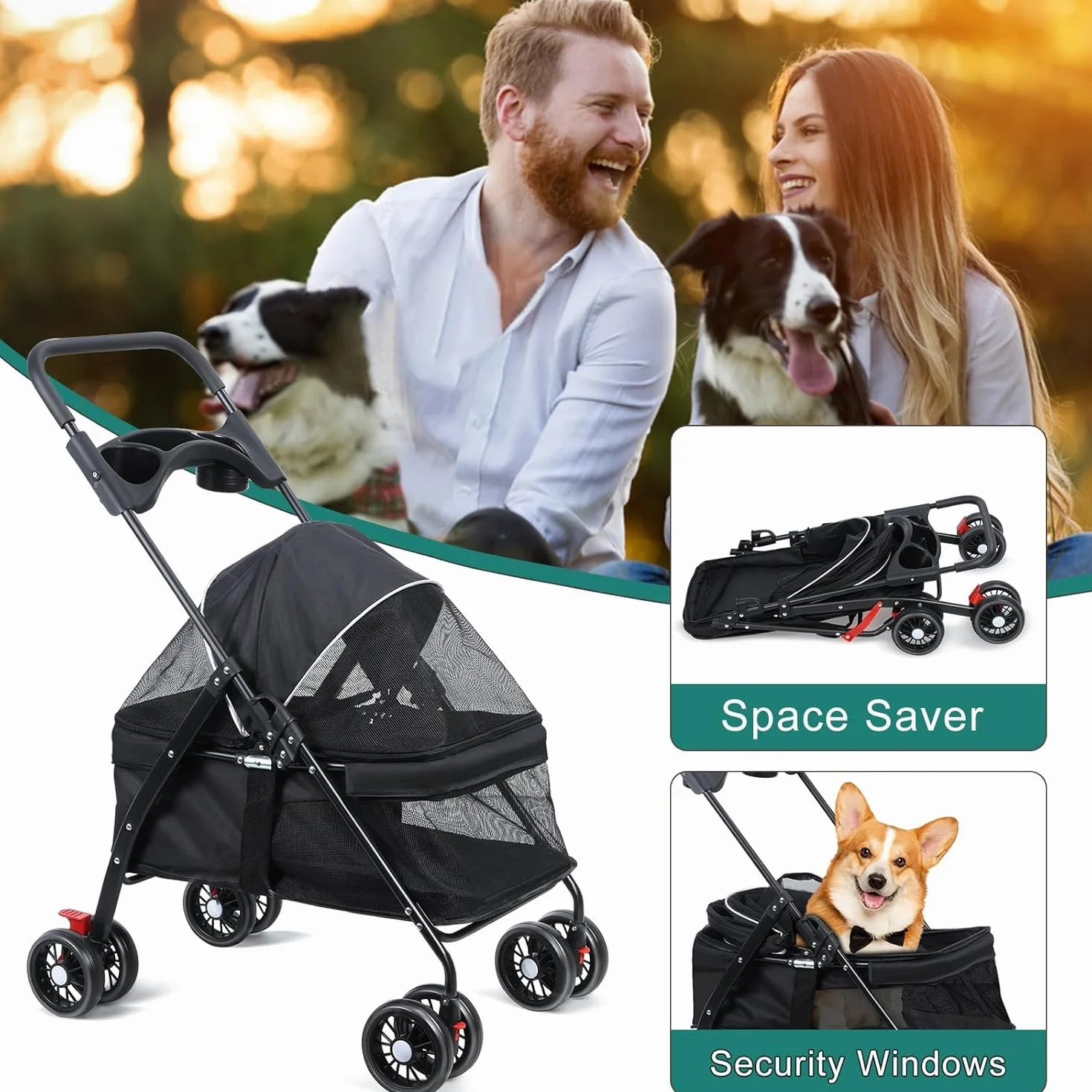 Wózek dla psa 2 w 1 dla psów i kotów do 20 kg – składany, 4 x podwójne koła 360°, uchwyt na napoje, wygodny system transportowy z uchwytem do noszenia, miejscem do przechowywania i pasami