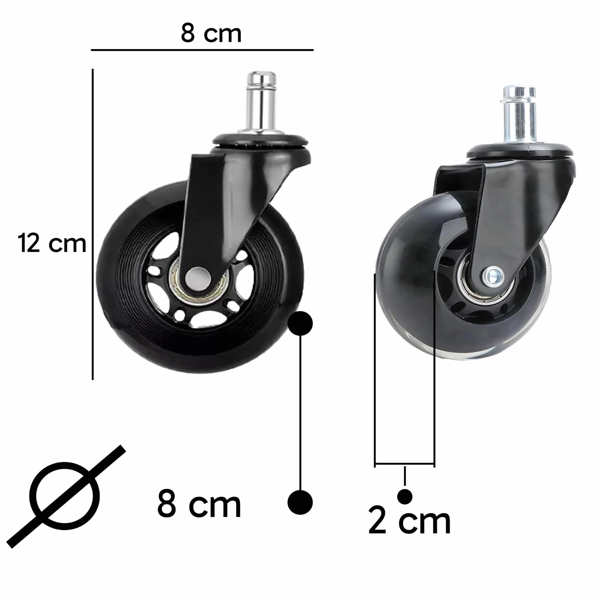 Retoo Zestaw 5 kółek biurowych, 10 mm x 22 mm, średnica 70 mm, ciche i chroniące podłogę, nadają się do twardych podłóg i dywanów, łatwy montaż, wysokiej jakości materiały, kompatybilne z krzesłami
