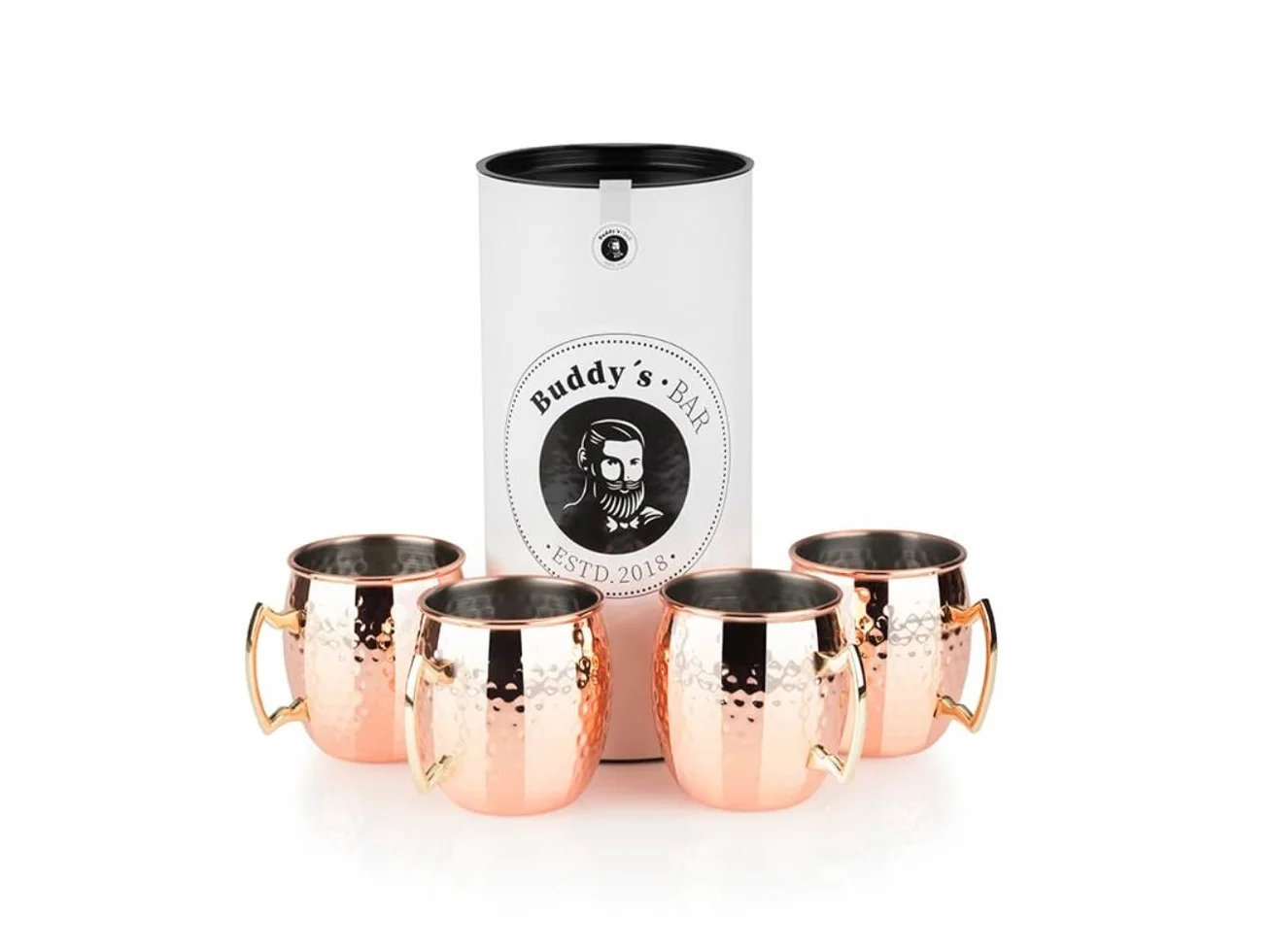 Buddy's Bar - kubek Moscow Mule, 500 ml, wysokiej jakości kubek ze stali nierdzewnej, bezpieczny dla żywności, efekt młotkowania, kubek koktajlowy w zestawie z pudełkiem upominkowym, młotkowany, polerowana miedź, zestaw 4 szt.
