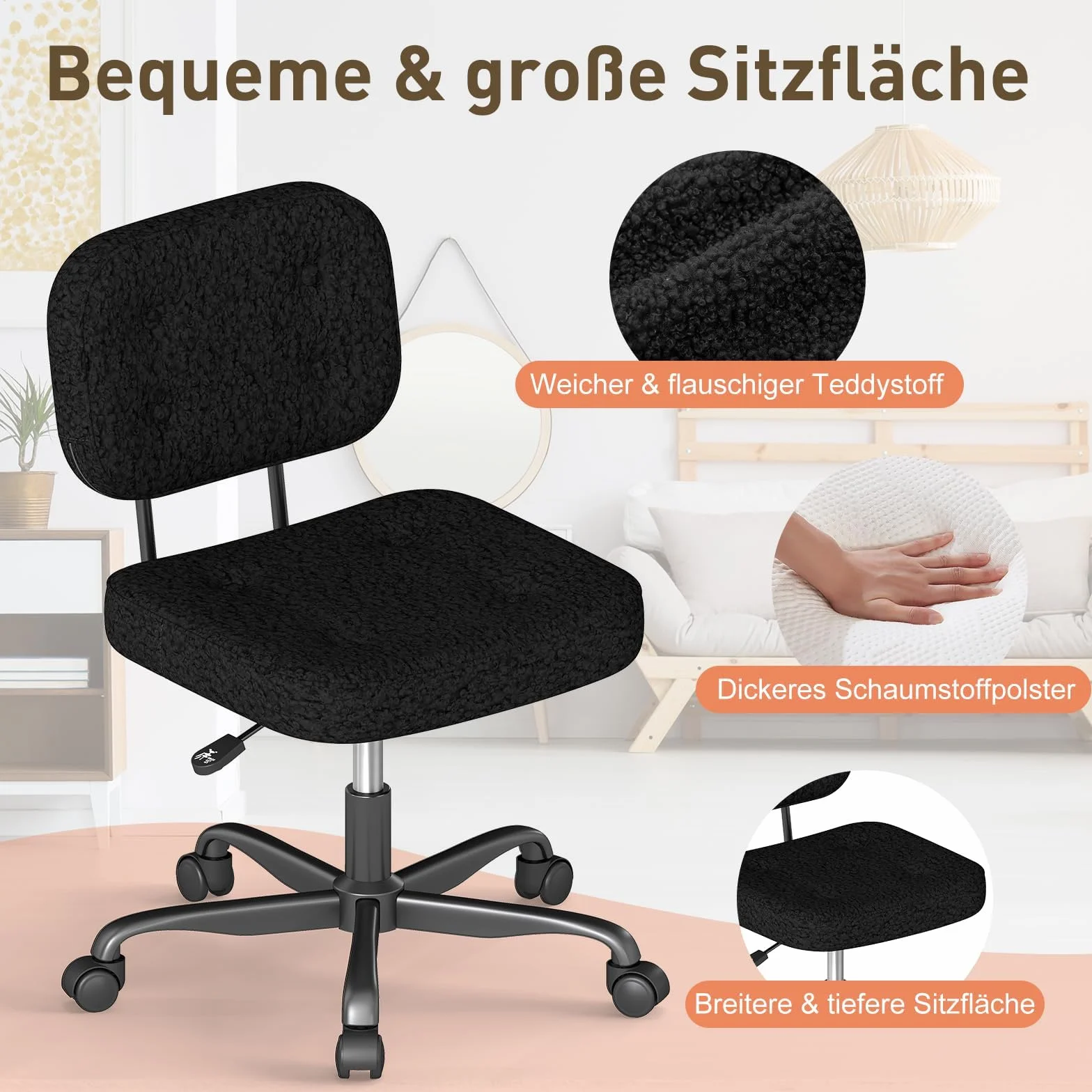 AnyGod Krzesło do biurka bez podłokietników, kompaktowe krzesło obrotowe z kółkami i regulacją wysokości, ergonomiczne krzesło komputerowe do małych pomieszczeń i toaletka, materiał pluszowy, czarny