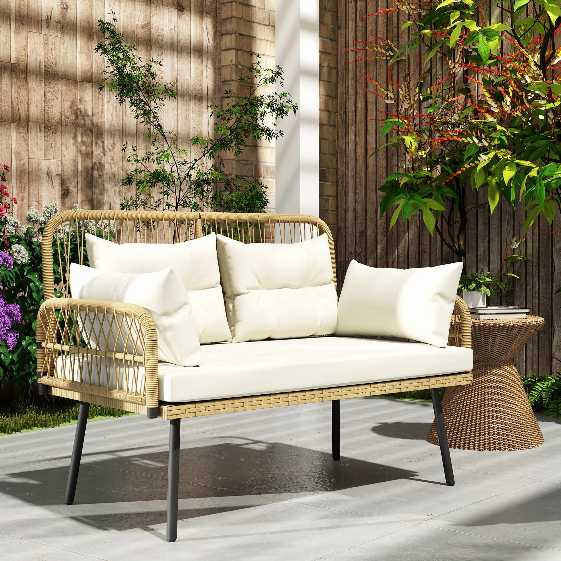 Outsunny Sofa Ogrodowa z Poduszkami 2-osobowa Sofa Balkonowa Rattanowa Sofa Polirattan Meble Ogrodowe 115 x 61 x 82 cm Naturalne Drewno
