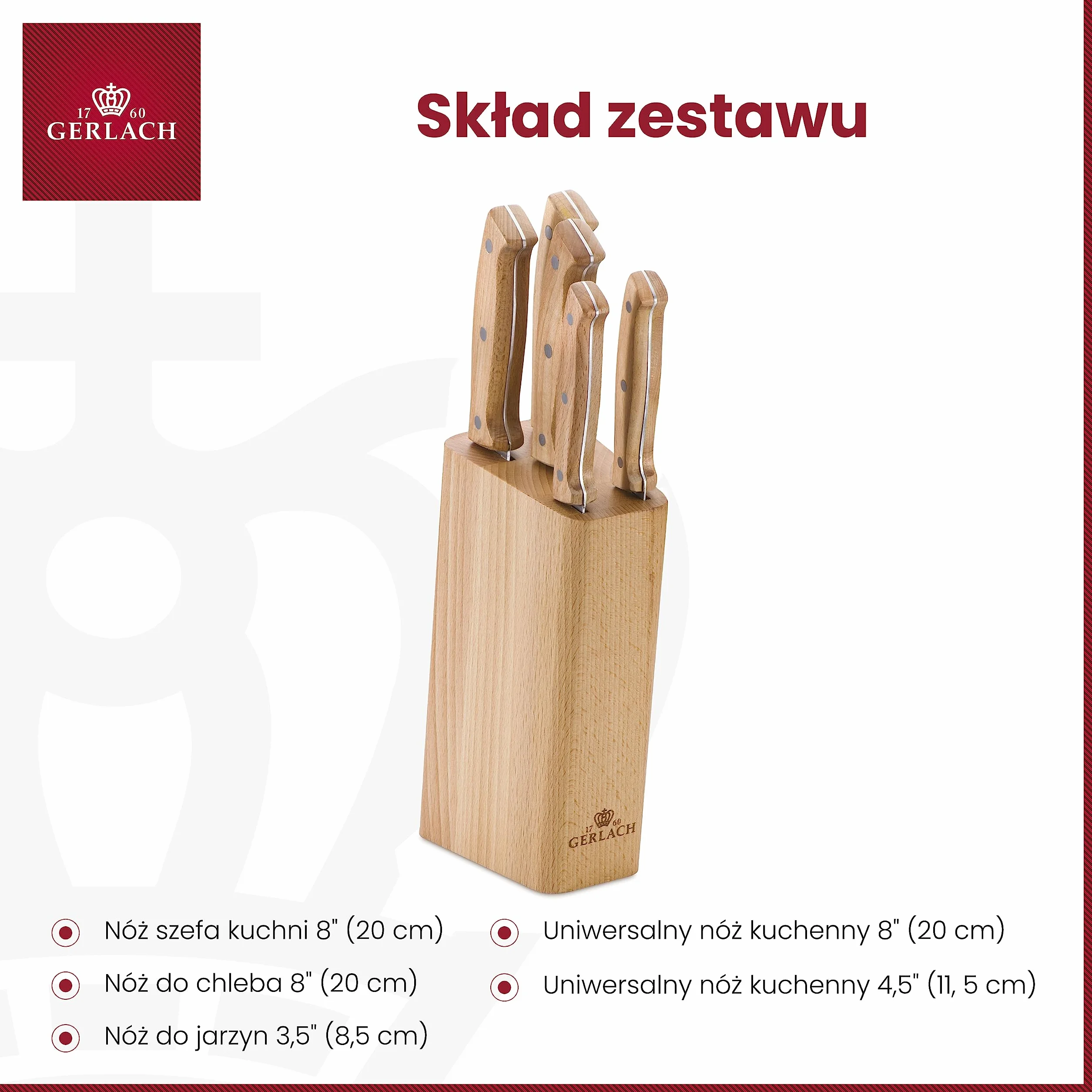 Gerlach Country Zestaw Noży W Drewnianym Bloku Do Kuchni 5 rodzajów Ostrza Stal Nierdzewna Nóż Kuchenny Szefa Do Chleba Jarzyn