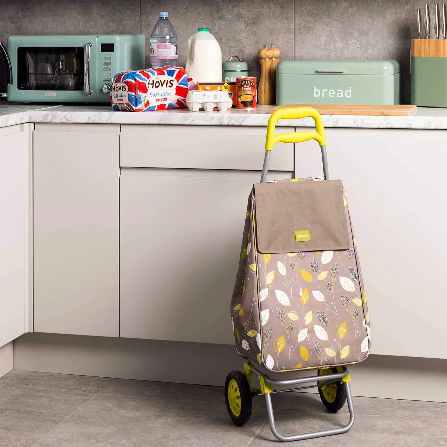 Sabichi Lemongrass wózek na zakupy na 2 kółkach, 40 l, lekki, łatwy w użyciu, z wkładką termoizolacyjną, ergonomiczny uchwyt, stalowa rama
