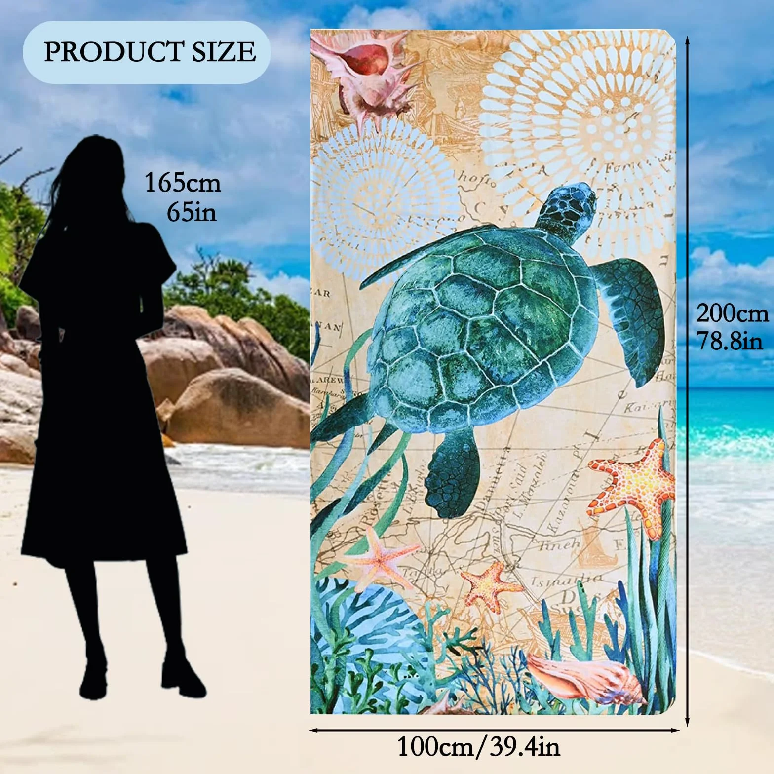 Ręcznik plażowy 90 x 180 cm ręcznik plażowy XXL, bez piasku, z żółwiami morskimi