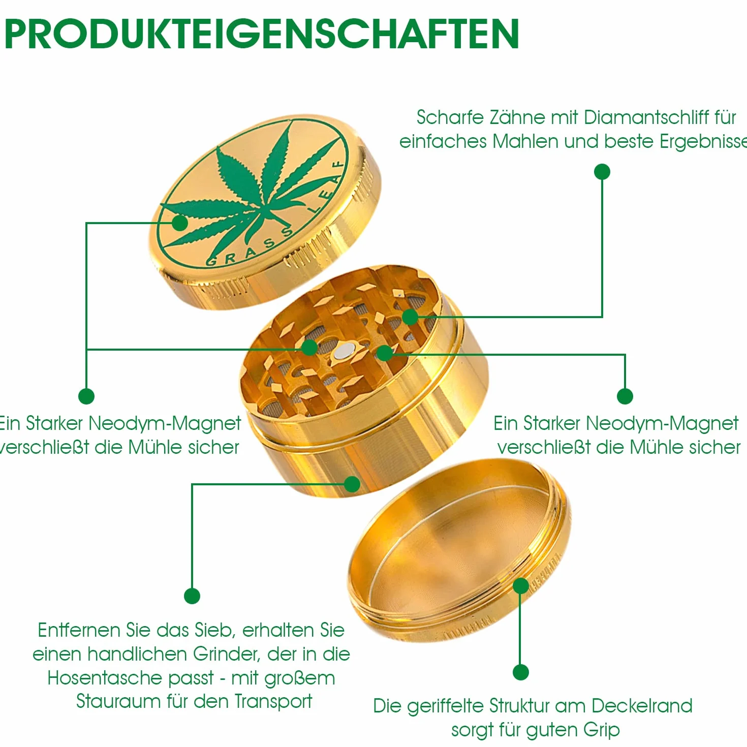 Młynek Premium 3-częściowy ze skrobakiem do pyłków | Materiał: stal nierdzewna | Młynek do ziół do przypraw i innych roślin (młynek złoty z liśćmi warzyw)