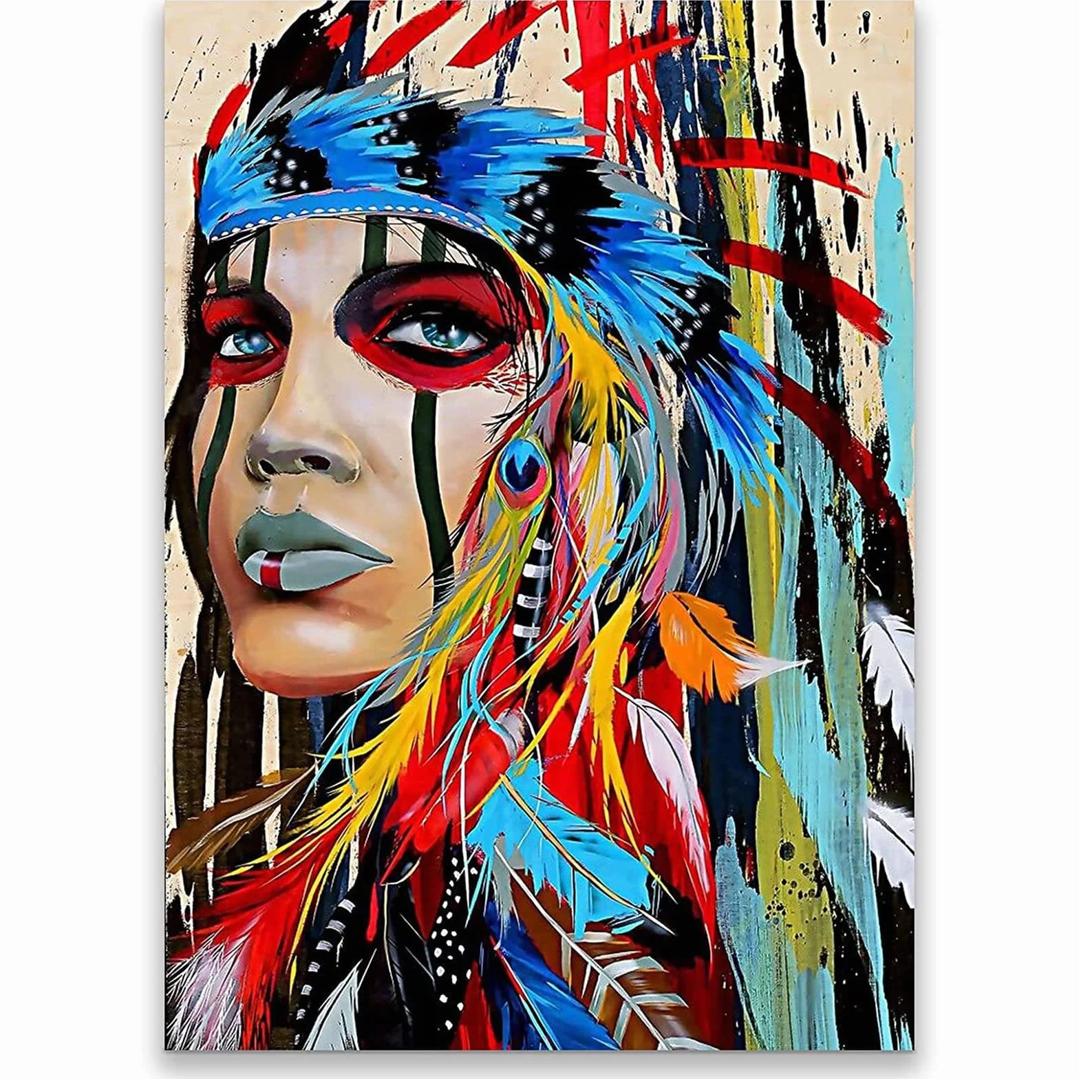 Malarstwo indiańskie indyjskie płótno sztuka ścienna Indianie kobieta dziewczyna kolorowe pierzaste nadruki obraz na płótnie grafika dekoracja ścienna obraz bez ramki 50 × 70 cm