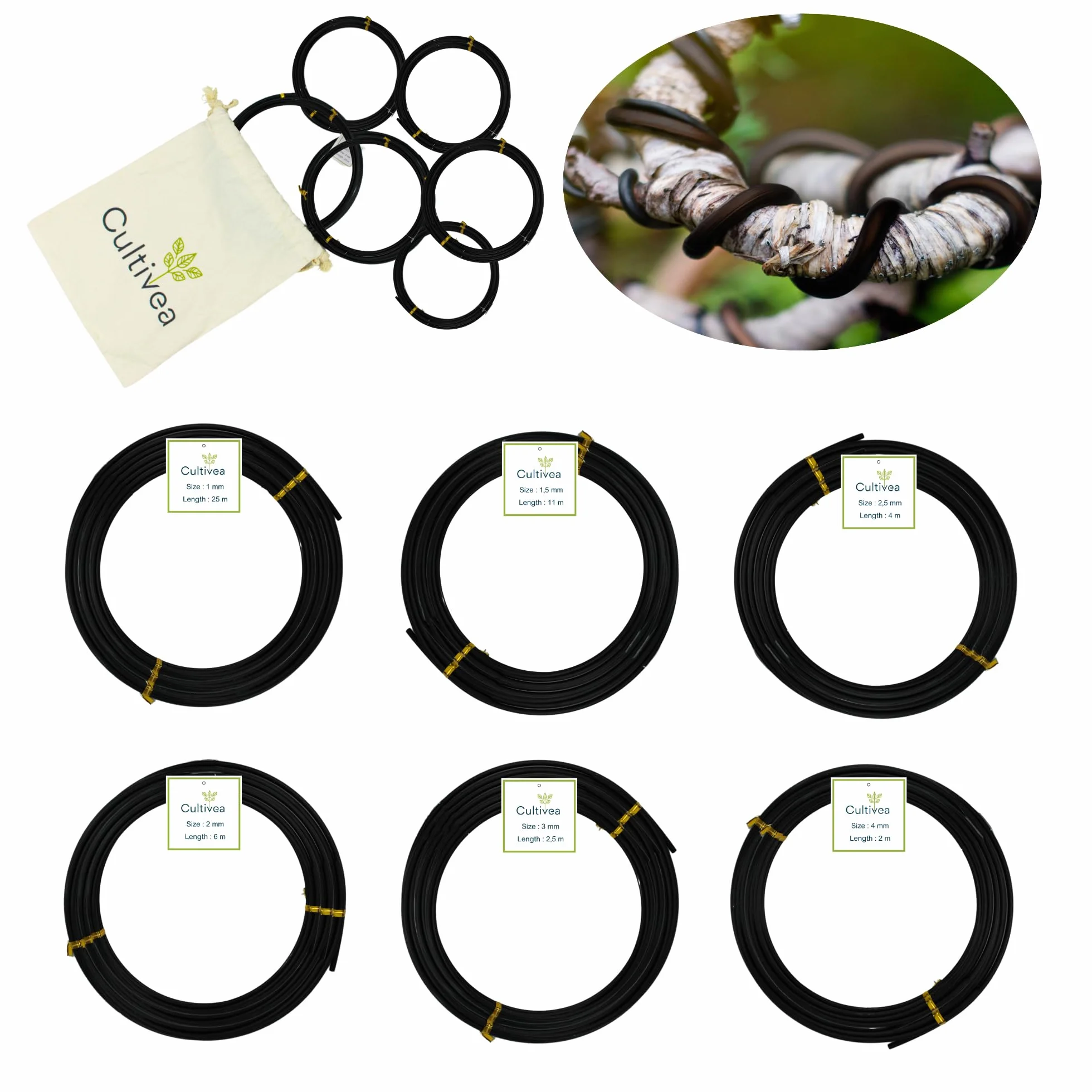 CULTIVEA® Drut bonsai, 6 rolek drutu aluminiowego, 1,0 mm/1,5 mm/2,0 mm/2,5 mm/3,0 mm/4,0 mm, ochrona przed korozją, bonsai, narzędzia ogrodnicze, drzewa, bonsai