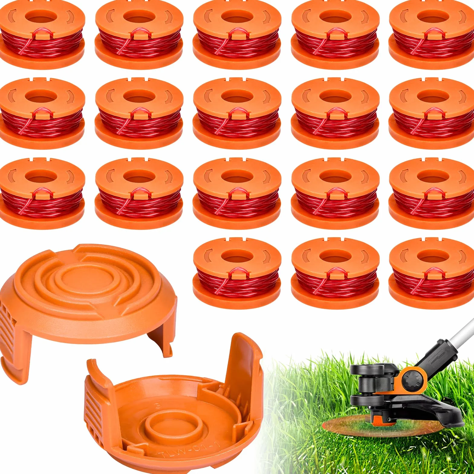 20 sztuk zestaw wymiennych szpul do podkaszarki Worx, do wszystkich podkaszarek do trawy z 20 V, Ø 1,65 mm, długość 3 m, zawiera 18 sztuk żyłek do podkaszarki i 2 sztuki pokrywek