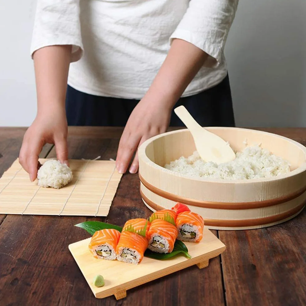 Adima Drewniana miska na ryż sushi japońska Hangiri sushi miska do mieszania ryżu sushi Oke miedziane taśmy do sushi restauracji domu kuchni białe drewno sosnowe (12 rozmiarów), 39 x 9 cm