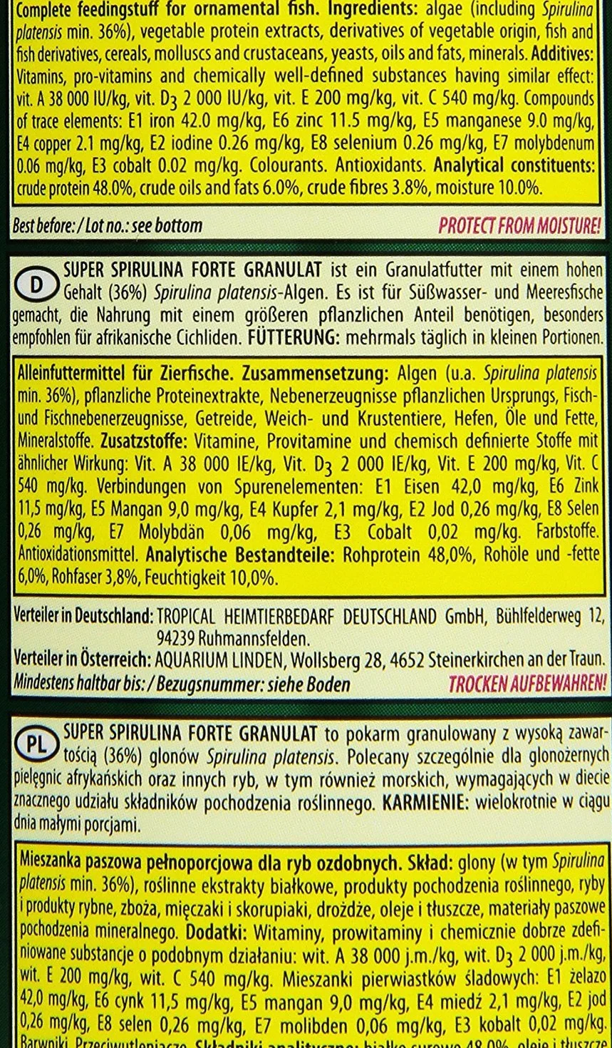 Tropical SUPER SPIRULINA FORTE GRANULAT Pokarm roślinny z spiruliną 250ml 150g