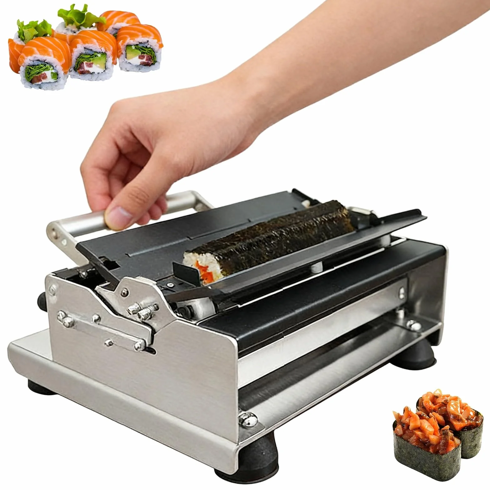 Ręczna maszyna do sushi, zestaw do robienia sushi ze stali nierdzewnej z wymiennymi formami, zestaw form do sushi z szybkim naciśnięciem, do kuchni domowych, kawiarni i miłośników majsterkowania