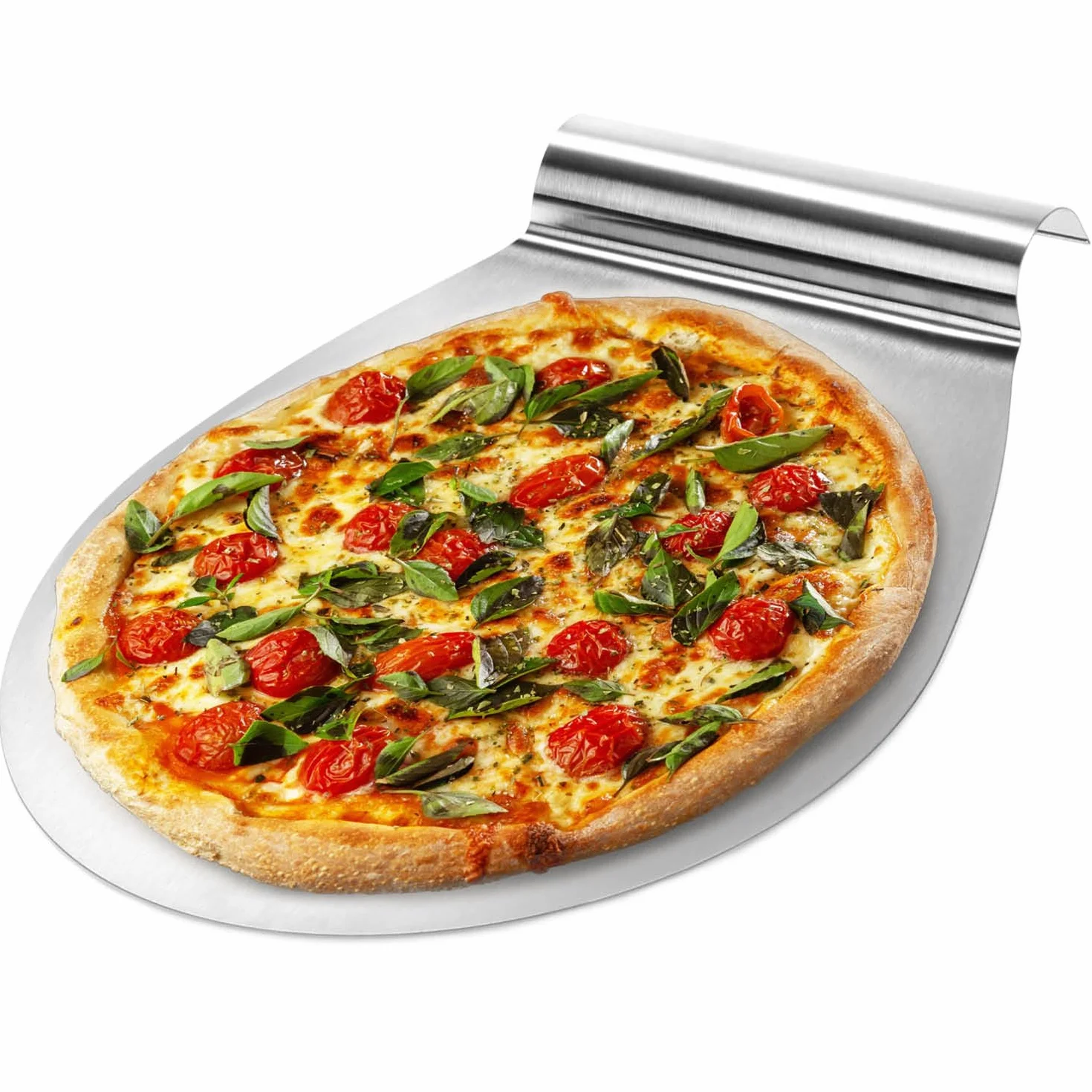 COM-FOUR® Nierdzewna taca do pizzy - taca do podnoszenia ciasta z wpuszczonym uchwytem - taca do ciasta i pizzy - lopata do pizzy do Ø 26 cm (srebrna - okragla)