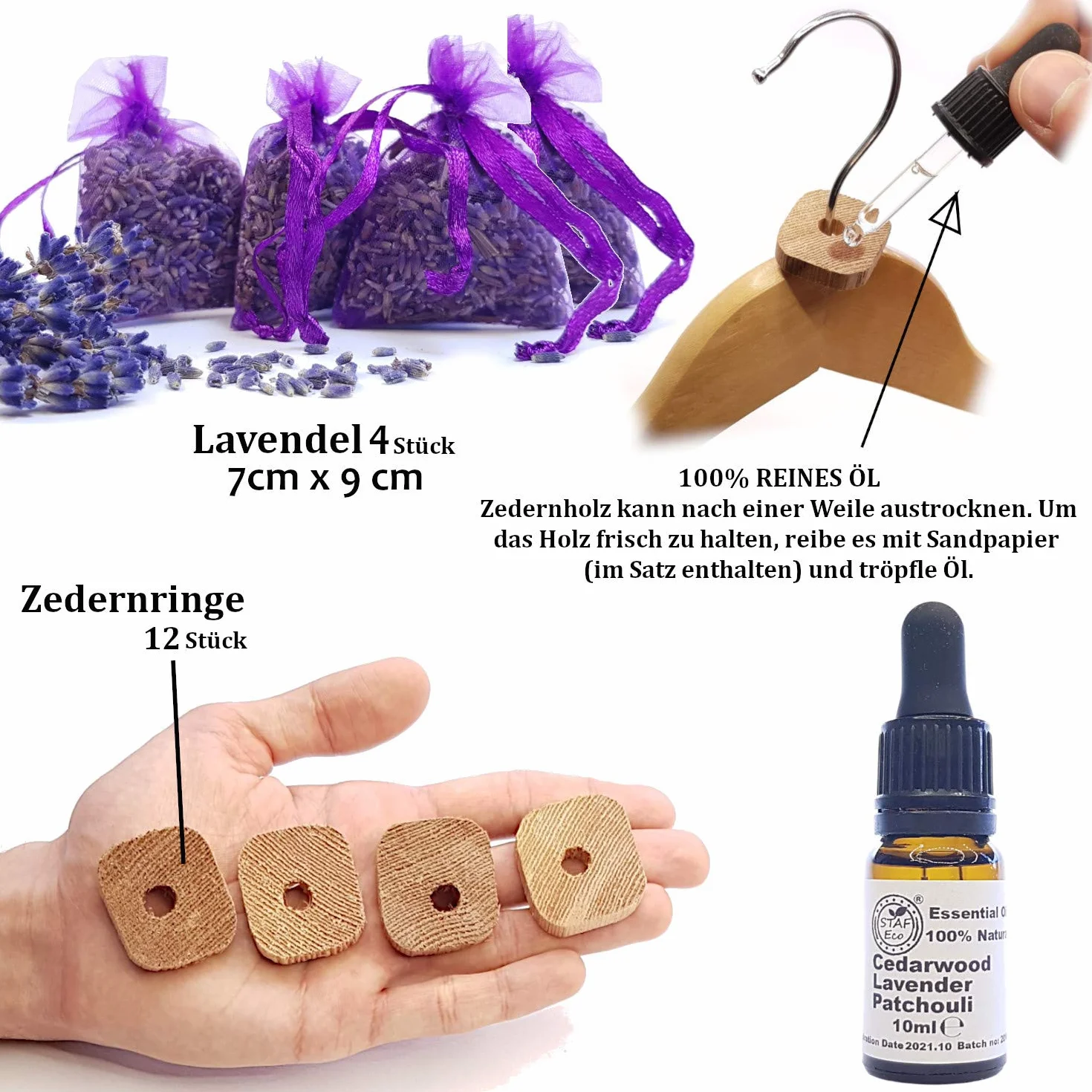 Drewno cedrowe, naturalny odstraszacz moli, zestaw do szafy, drewno cedrowe, lawenda, naturalny olej, 100% pierścienie, ochrona ubrań (zestaw mały B)