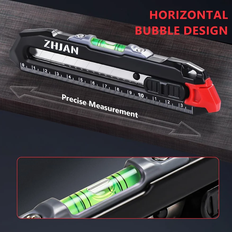 Wysuwany nóż użytkowy z poziomicą i linijką, SK5 Multifu Box Cutter z 10 zapasowymi ostrzami, do mierzenia, cięcia kartonów, kartonów i pudełek