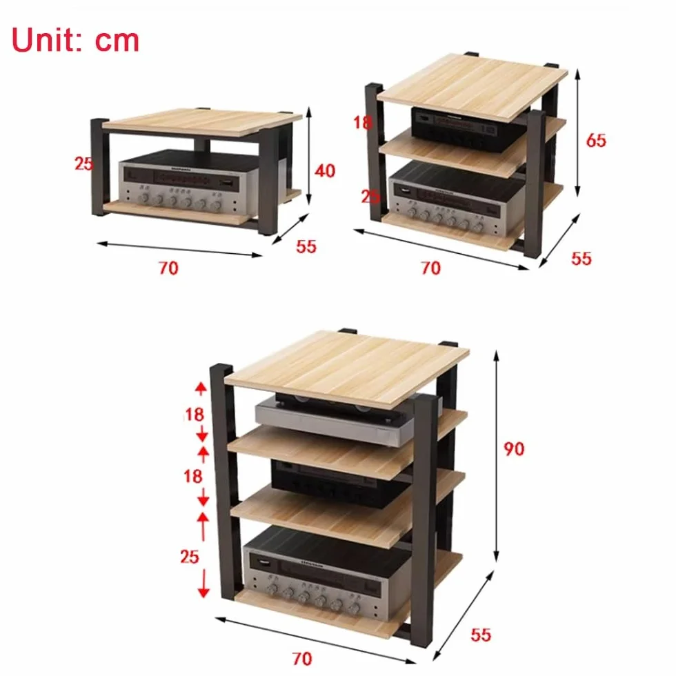 4-poziomowy stojak audio z drewnianymi półkami na wzmacniacz, nośniki AV i komponenty stereo, odtwarzacz CD, półka narożna, do studia nagraniowego, czarny, 70 x 55 x 90 cm