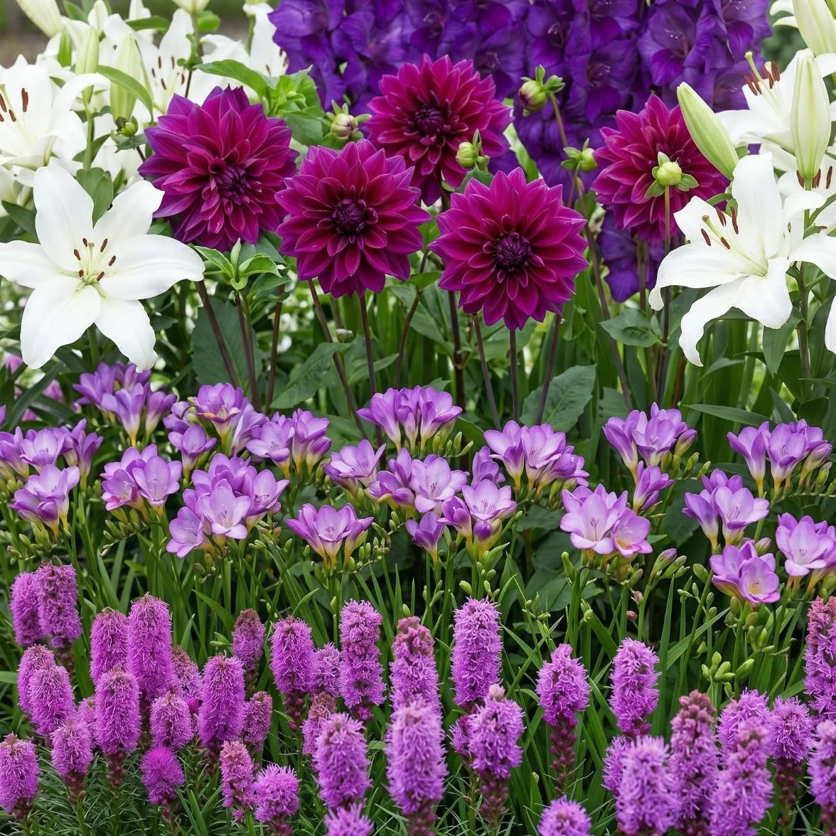 Letnie cebulki kwiatowe Purple Garden Collection - 25 bulw - mieczyki/dalie/lilie/freezje/liatry - odporna wieloletnia mieszanka cebulek - holenderska jakość - do ogrodu, doniczek