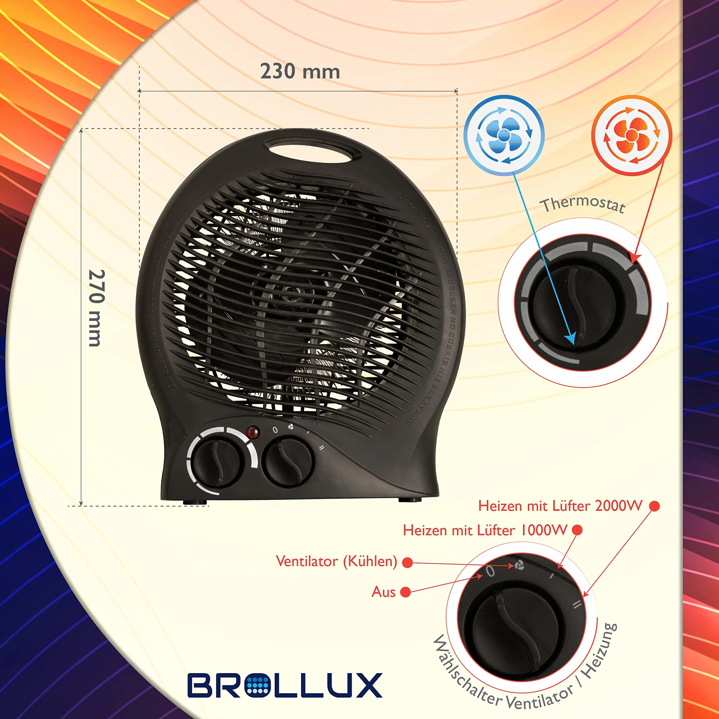 Brollux Elektroheizung 2000W mobilny grzejnik VO-B termowentylator, grzejnik spiralny, grzejnik elektryczny, czarny