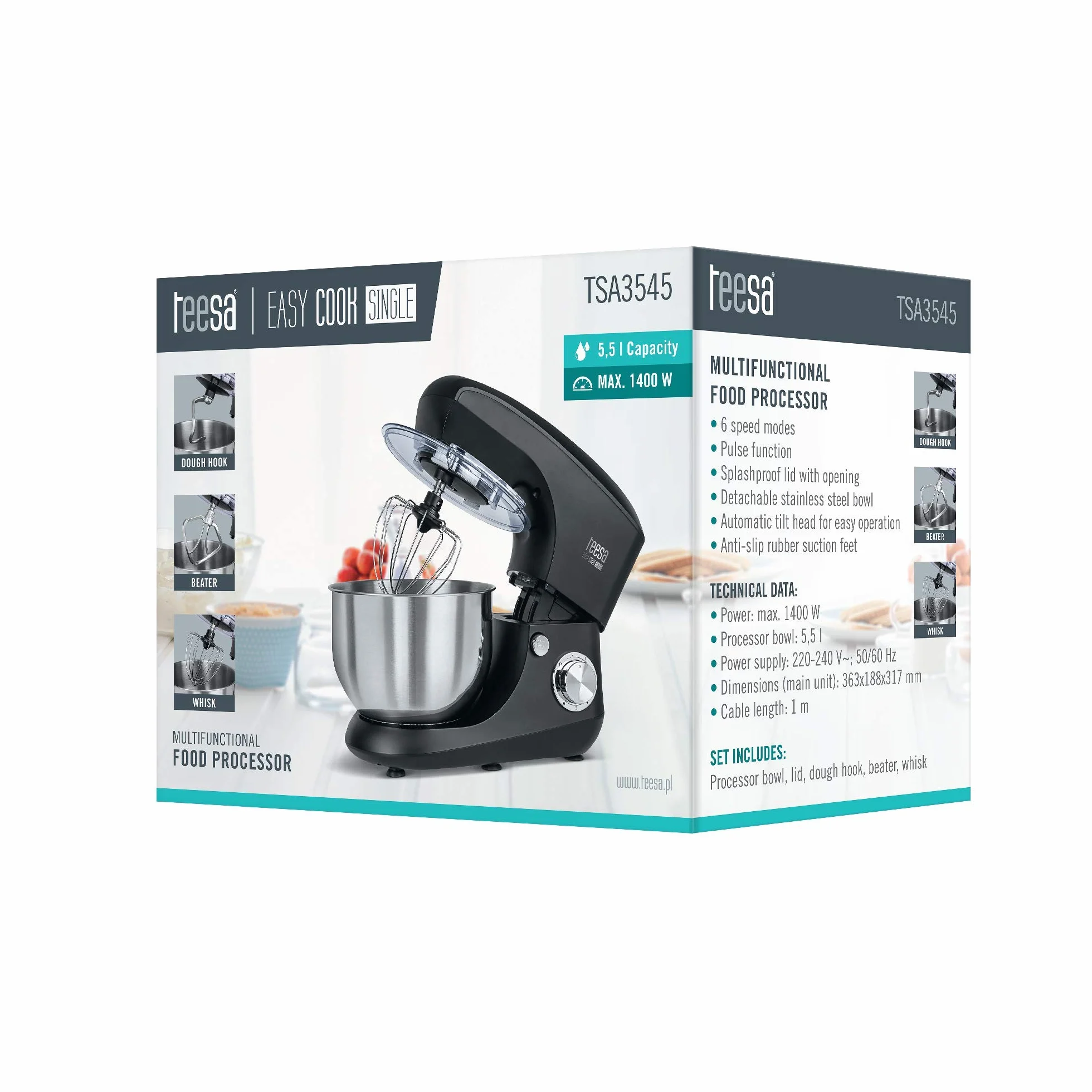 Teesa Robot Kuchenny EASY COOK SINGLE 1400 W Regulacja Prędkości Misa 5,5 L Funkcja Pracy Pulsacyjnej TSA3545-B Czarny