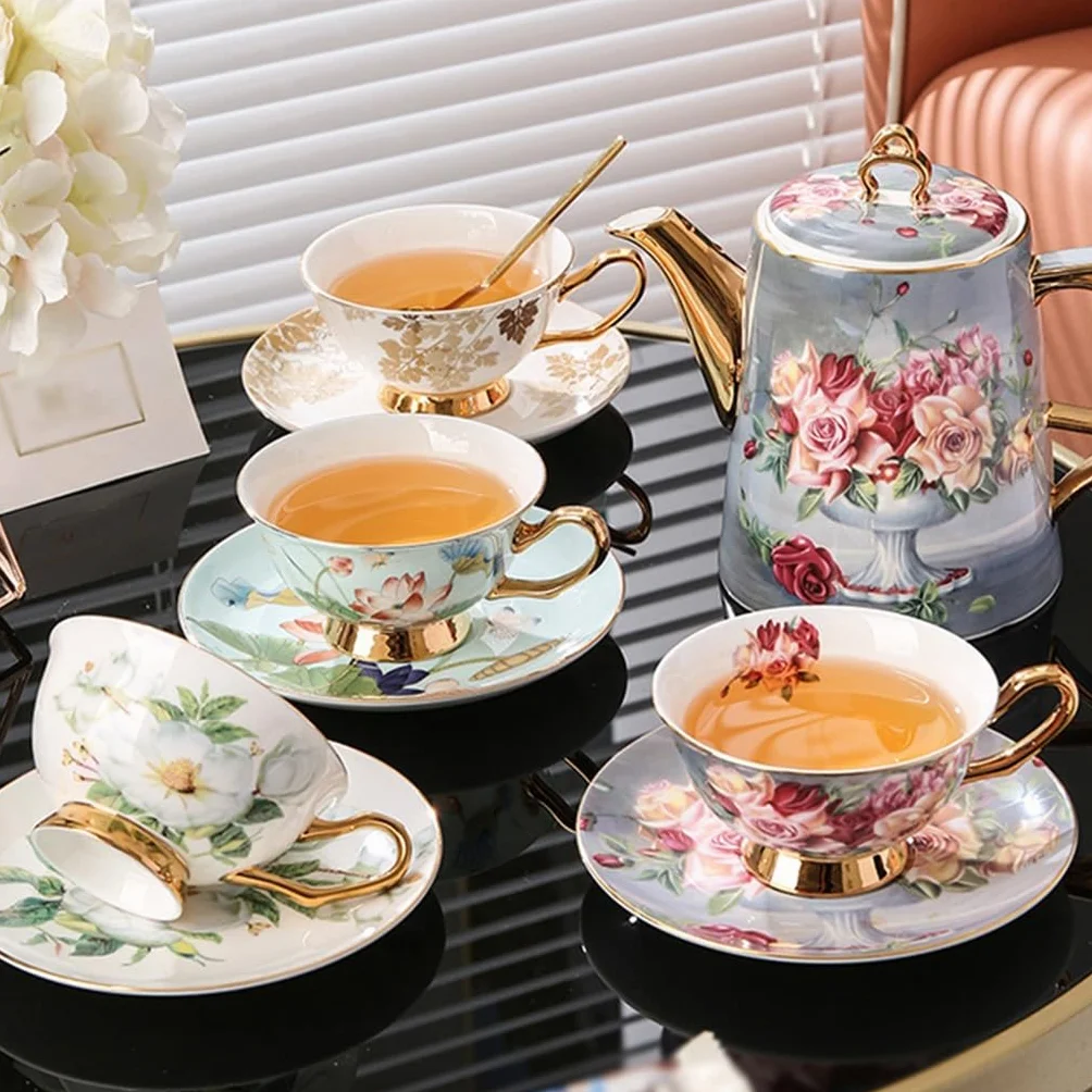 Klasyczny różany kubek do kawy kości porcelanowy czajniczek zestaw filiżanek popołudniowa herbata zestaw