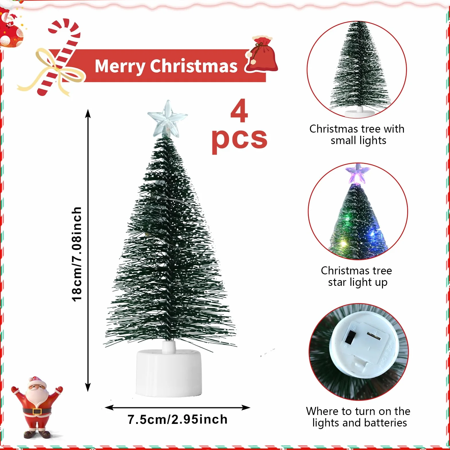 4 sztuki Mini choinka ze światłem 17cm choinka stołowa z kolorowymi światłami Miniaturowe szpilki ze światłem Sztuczne szpilki LED z podstawą, plastikowa dekoracja choinkowa