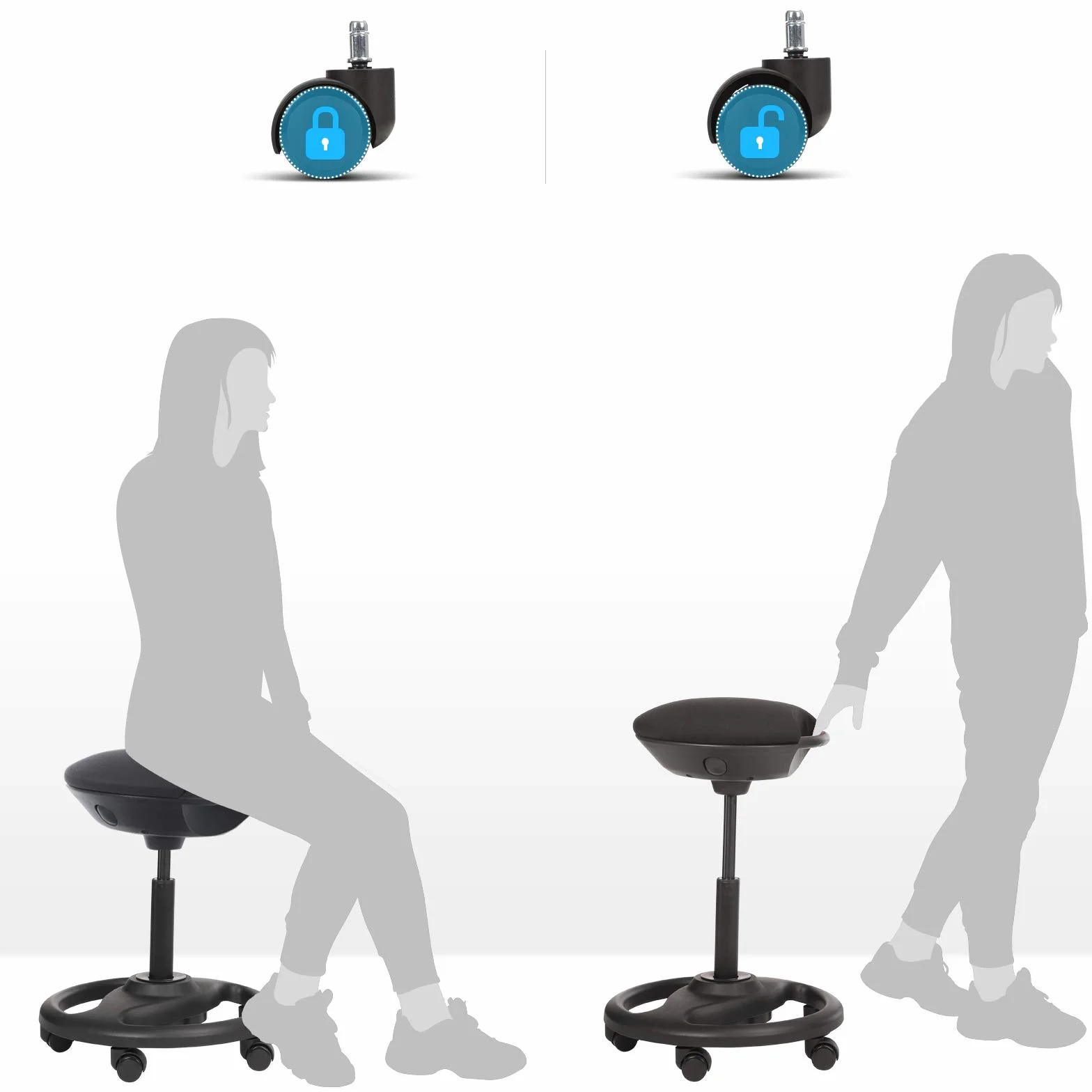 SONGMICS Dynamiczny stołek roboczy, ergonomiczne obrotowe krzesło biurowe z kółkami, bardzo duże siedzisko, nachylenie 10°, regulowana wysokość, grube wypełnienie, czarny OSC06BK