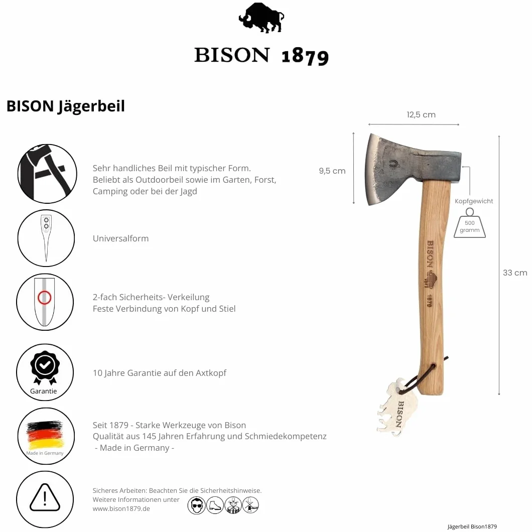 Bison Topór myśliwski 1879 500g I uniwersalny o długości 330 mm do leśnych, kempingowych i outdoorowych I ręcznie kuty I potrójny klin bezpieczny z ochroną na przecięcie skóry naturalnej