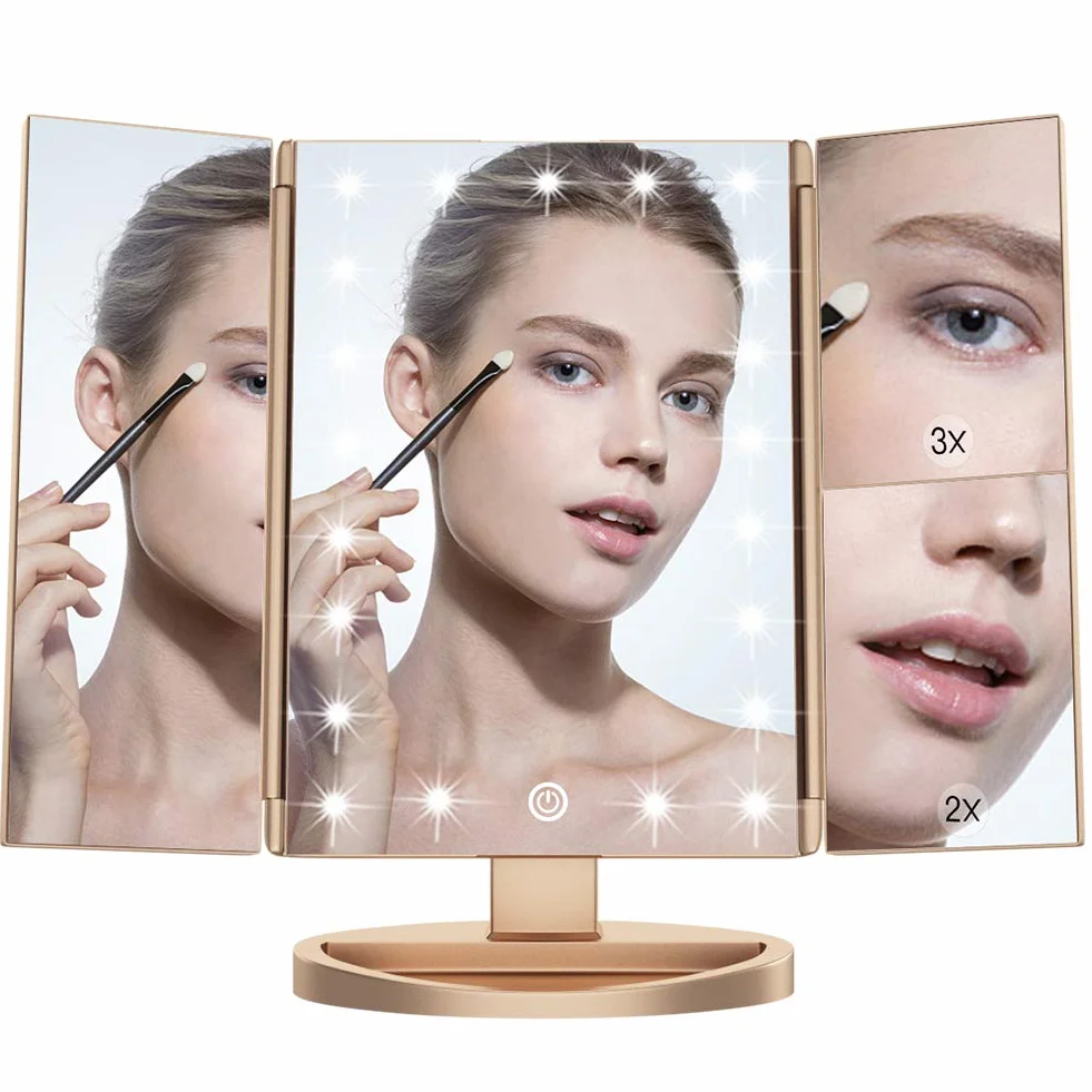 WEILY Lusterko do makijażu z powiększeniem 1x, 2x i 3x, z 21 diodami LED i ekranem dotykowym, regulowane podświetlane trzypanelowe lustro na toaletkę, nablatowe lusterko kosmetyczne (złote)