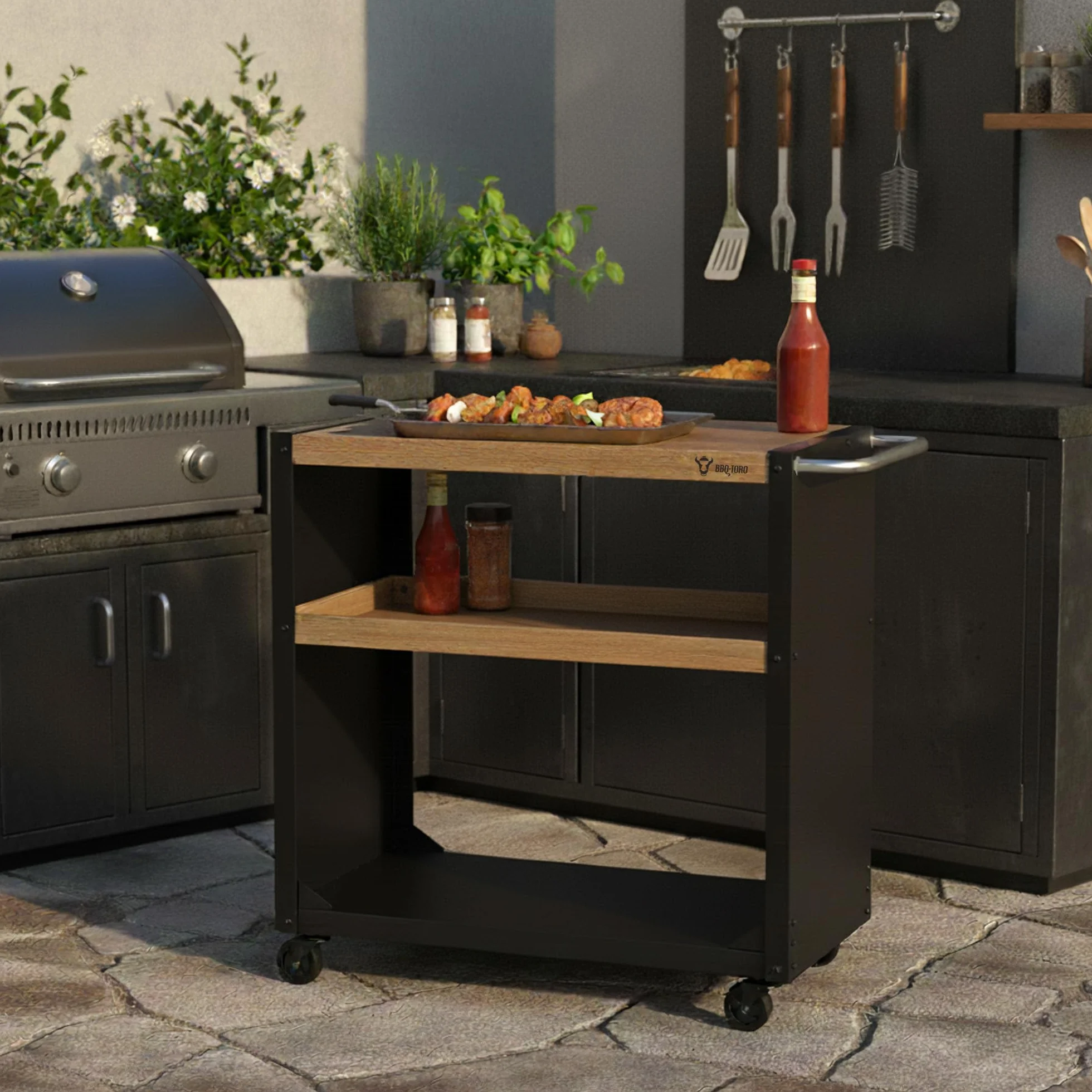 BBQ-Toro Grill na kółkach 95 x 50 x 90 cm, czarny, o wyglądzie drewna, stół do grillowania z dużą powierzchnią roboczą, stolik pomocniczy, grill outdoorowy, wózek do serwowania