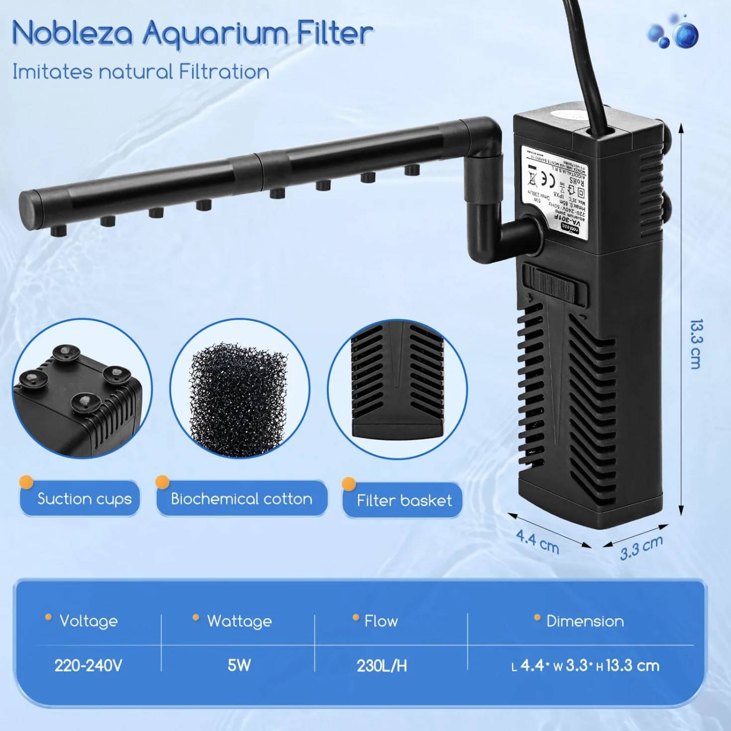 Filtr do akwarium 50L wewnętrzny z węglem aktywnym 230L/H 5W regulowany cichy