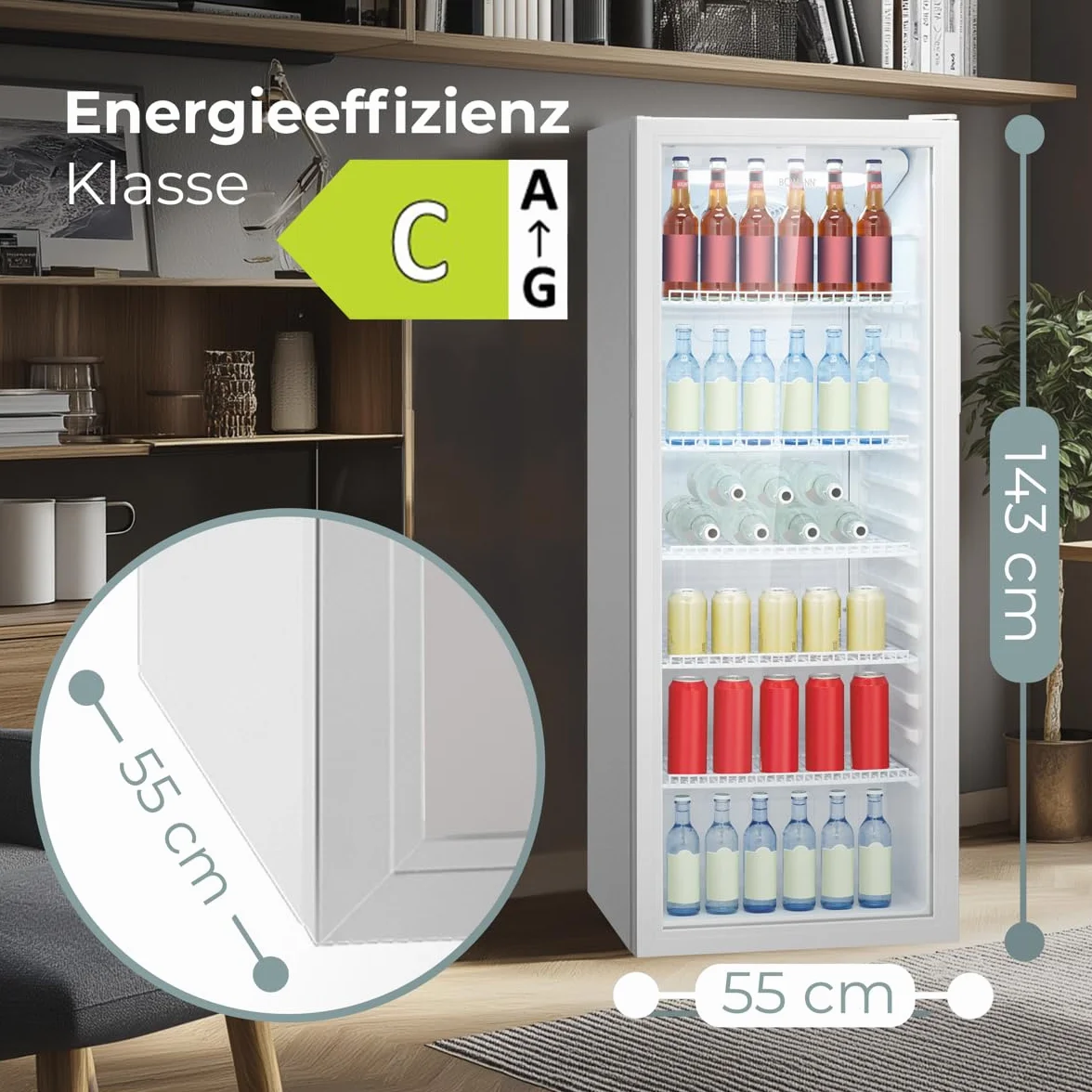 Lodówka Bomann® z drzwiami szklanymi, Klasa energetyczna C, 143 cm, Lodówka na napoje 2-12°C, MultiAirflow, 5 półek drucianych, Odwracalny zawias drzwi, 236 l, Chłodziarka na butelki, KSG 7292, biała