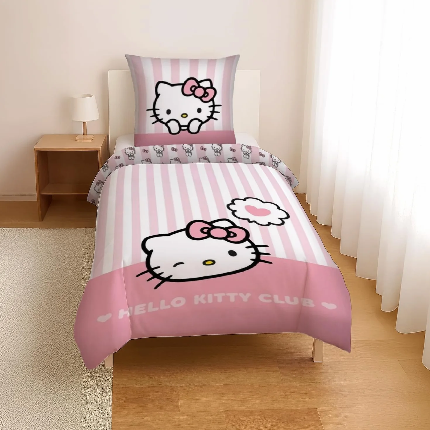 Hello Kitty Club Komplet pościeli, poszewka na poduszkę 80 x 80 cm z dwustronnym motywem, poszewka na kołdrę 135 x 200 cm, z zamkiem błyskawicznym, 100%