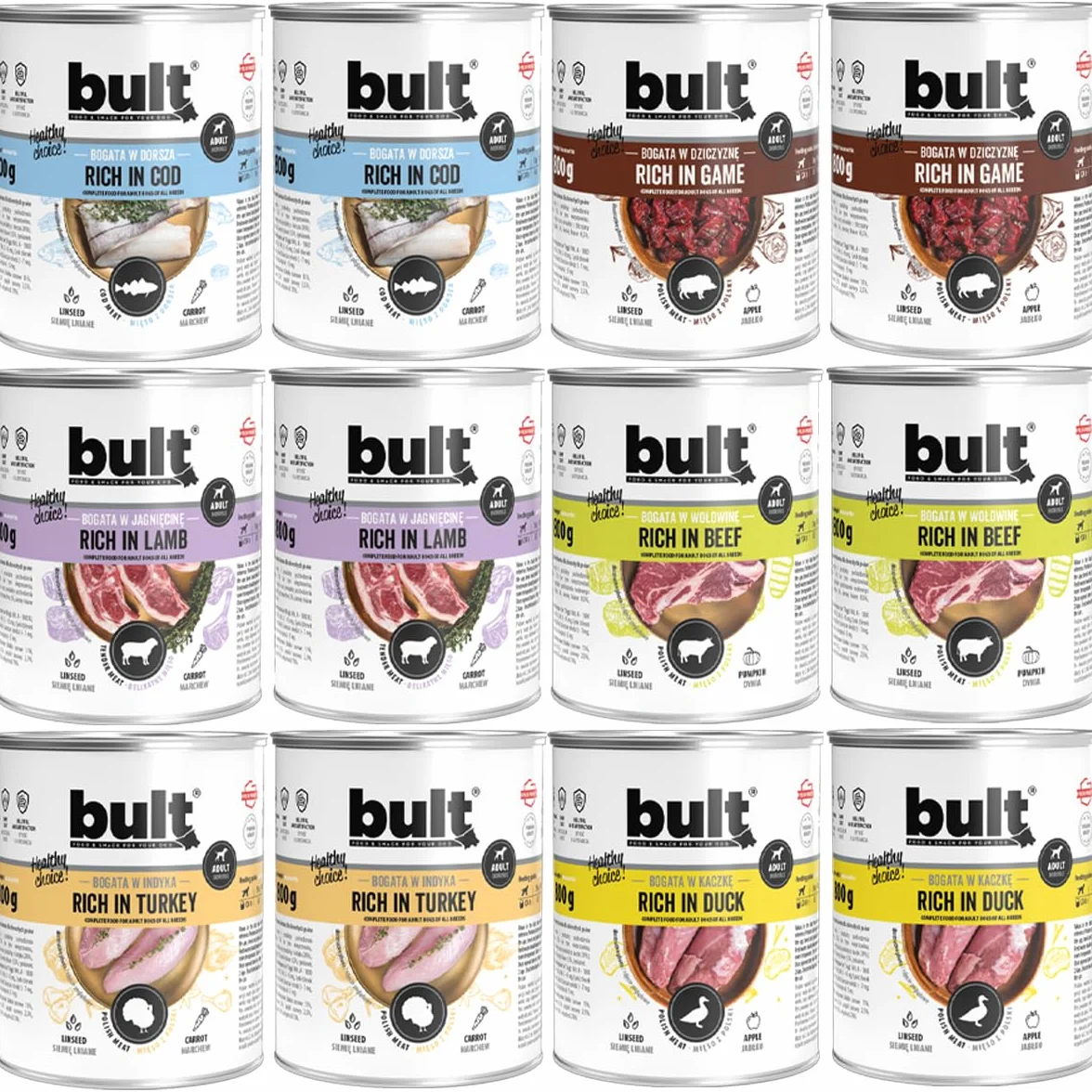 BULT, Mokra Karma dla Psa, Mix Smaków (Dorsz, Dziczyzna, Indyk, Jagnięcina, Kaczka, Wołowina), 800g x 12 Puszek, Dla Dorosłych Psów, Bez Konserwantów