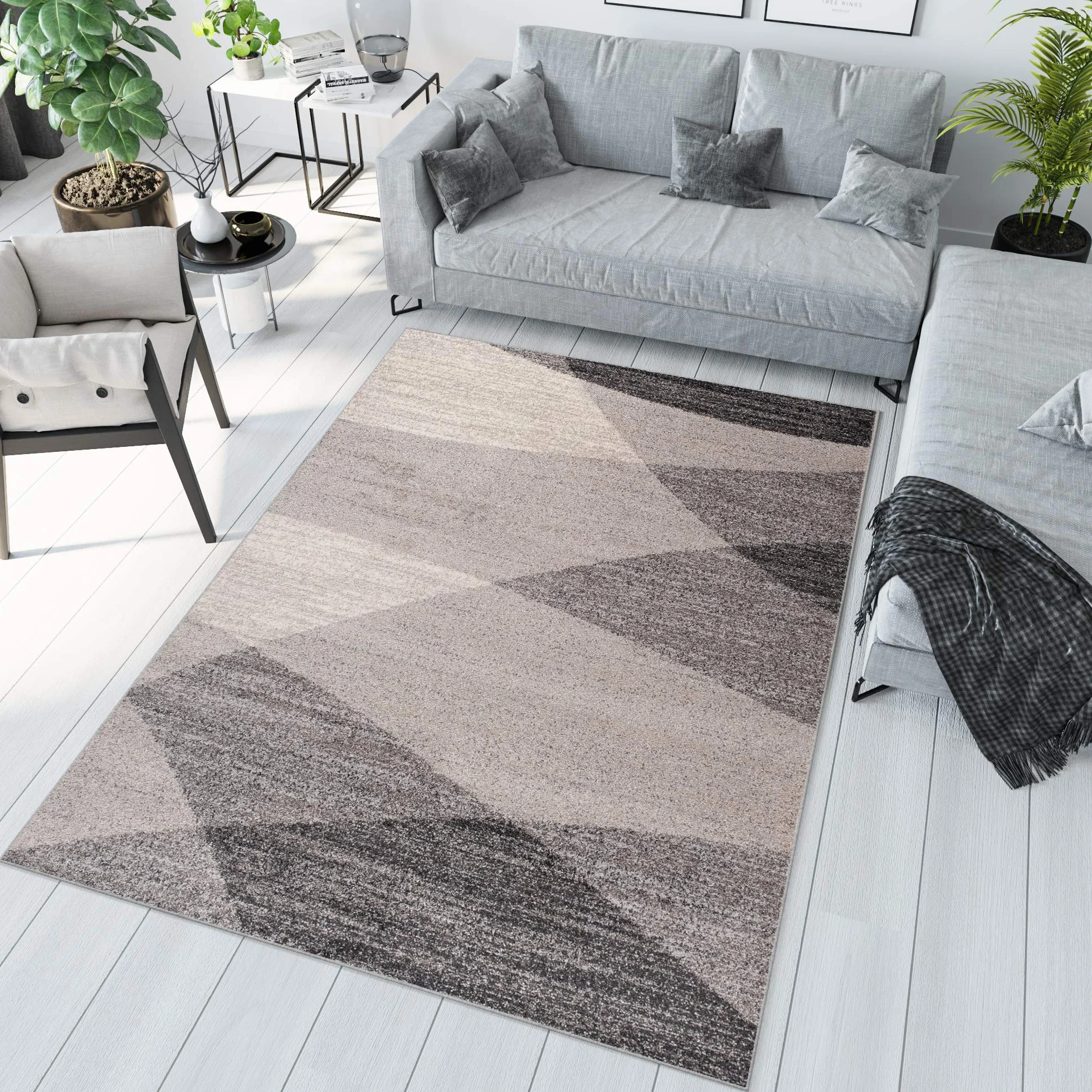Tapiso Sari dywan z krótkim włosiem, nowoczesny, beżowy, szary, czarny, nakrapiany, wzór w paski, fale, do salonu, sypialni, Ökotex 140 x 190 cm